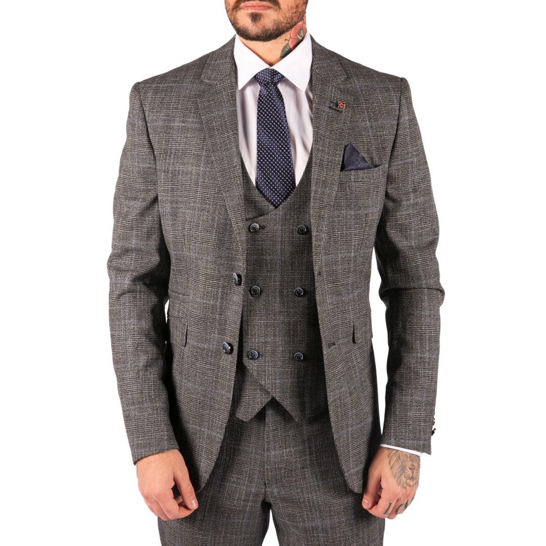 Mens 3 Piece Tailored Fit Suit Check Grey Blue Double Breasted Vintage Wedding - Knighthood Store