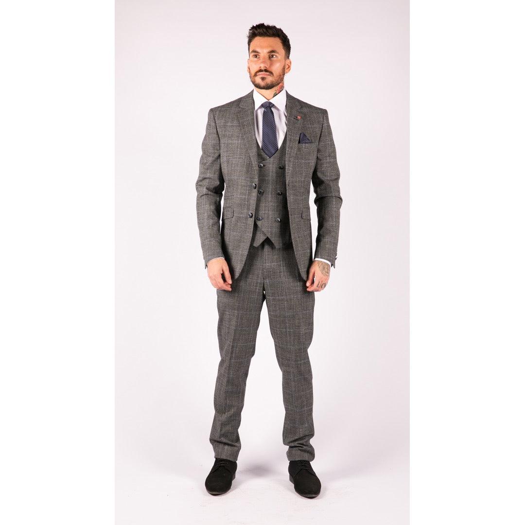 Mens 3 Piece Tailored Fit Suit Check Grey Blue Double Breasted Vintage Wedding - Knighthood Store