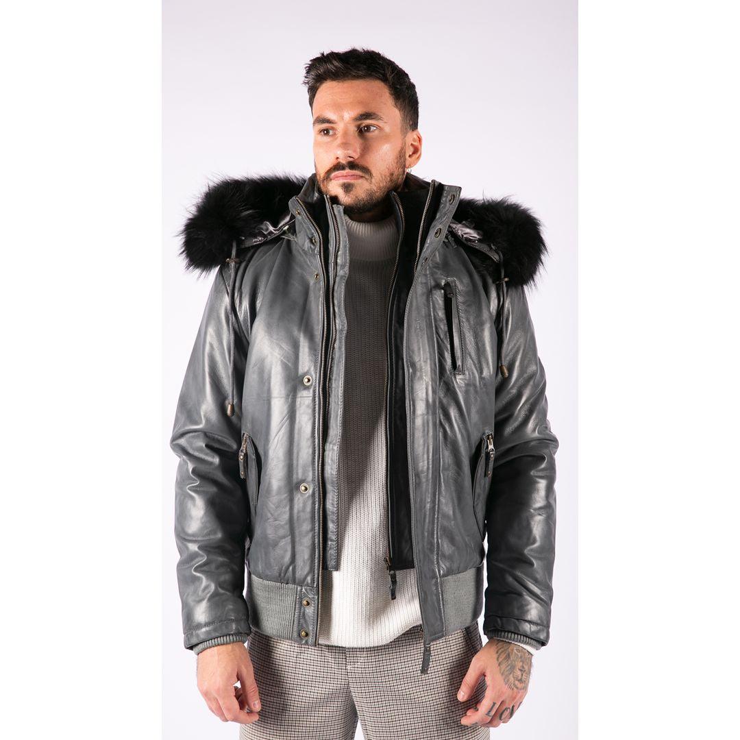 Mens Real Fur Hood Bomber Leather Jacket Black Puffer Padded - Knighthood Store