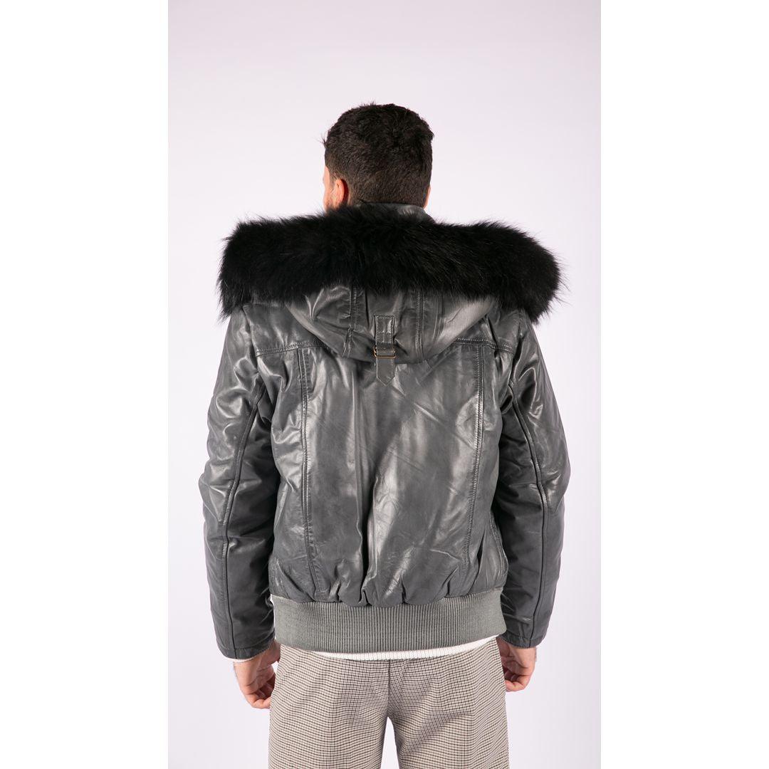 Mens Real Fur Hood Bomber Leather Jacket Black Puffer Padded - Knighthood Store