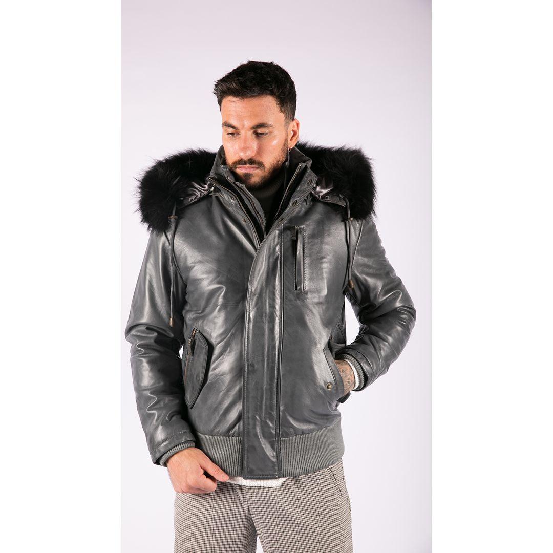 Mens Real Fur Hood Bomber Leather Jacket Black Puffer Padded - Knighthood Store