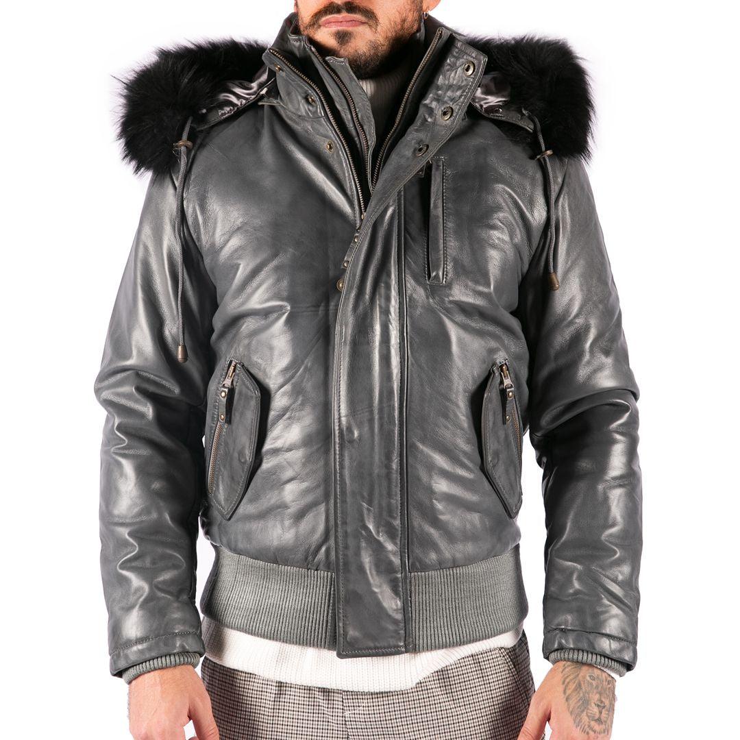 Mens Real Fur Hood Bomber Leather Jacket Black Puffer Padded - Knighthood Store