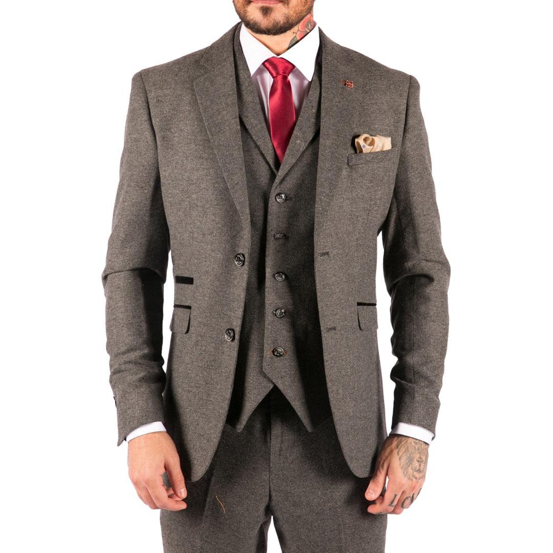 Mens 3 Piece Wool Suit Herringbone Tweed Dark Grey Formal Classic 1920s Wedding - Knighthood Store