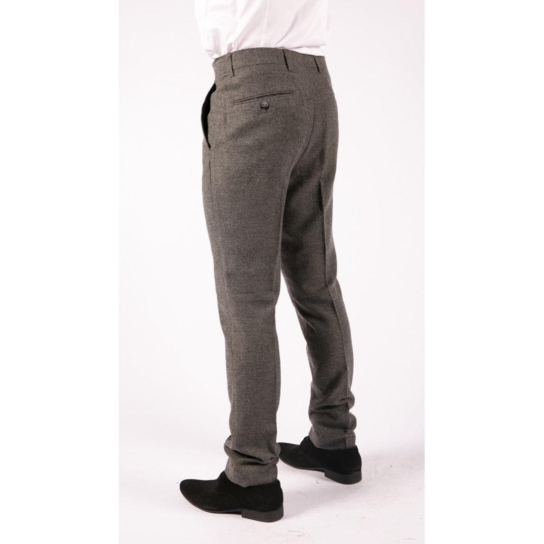 Mens Trousers Wool Herringbone Tweed Dark Grey Formal Classic 1920s Tailored Fit - Knighthood Store