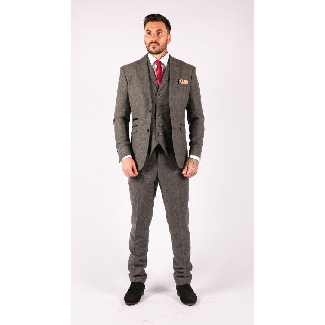 Mens 3 Piece Wool Suit Herringbone Tweed Dark Grey Formal Classic 1920s Wedding - Knighthood Store