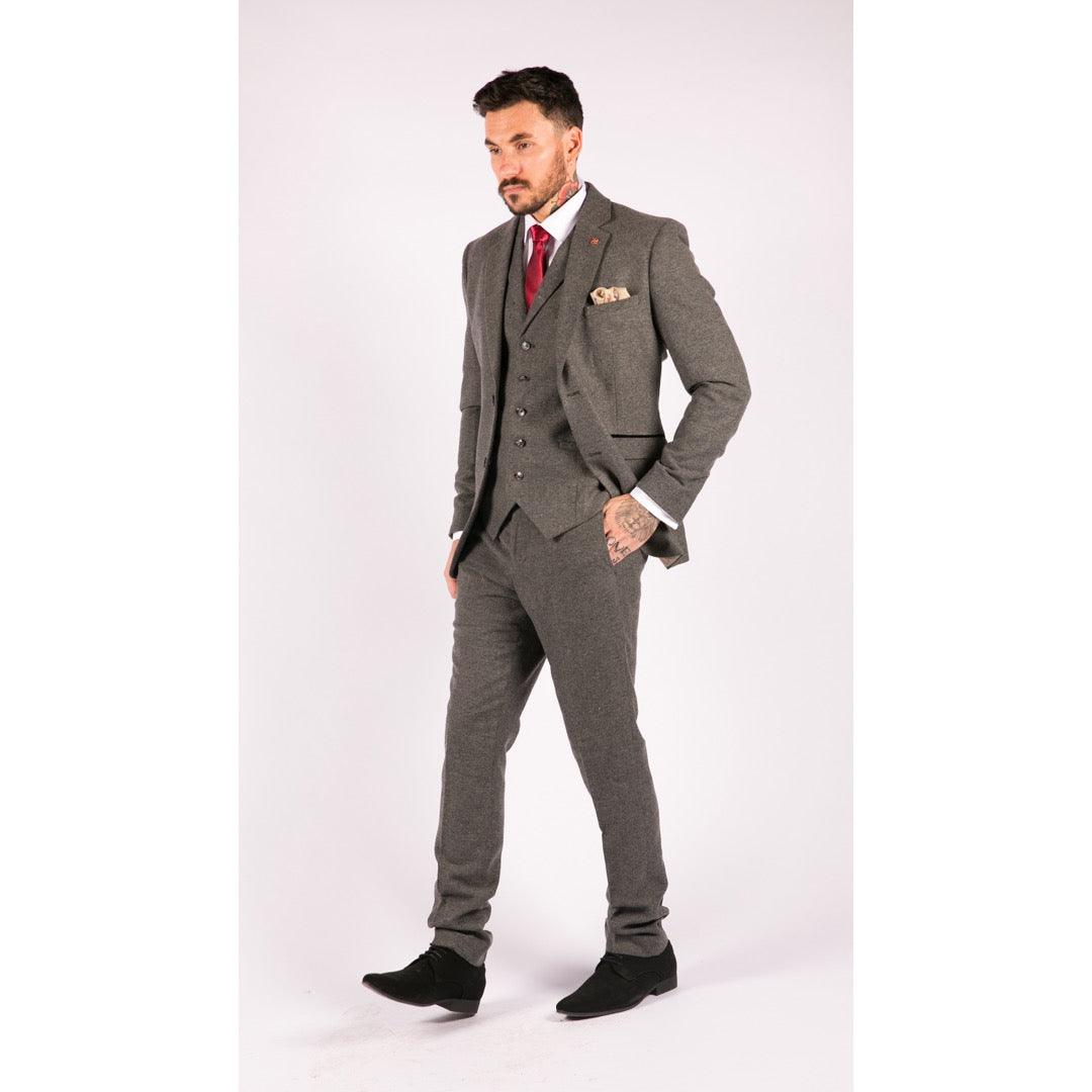 Mens 3 Piece Wool Suit Herringbone Tweed Dark Grey Formal Classic 1920s Wedding - Knighthood Store