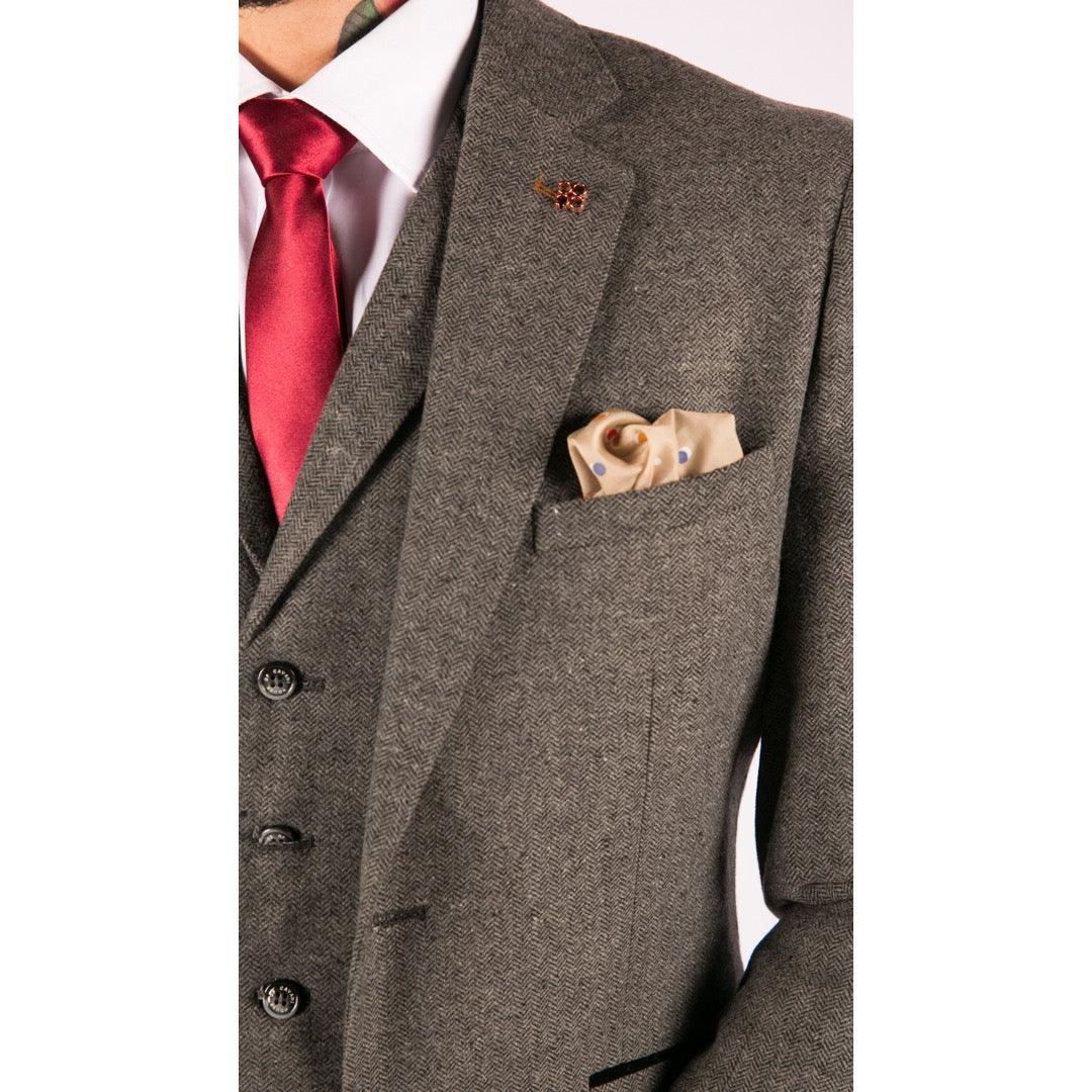 Mens 3 Piece Wool Suit Herringbone Tweed Dark Grey Formal Classic 1920s Wedding - Knighthood Store