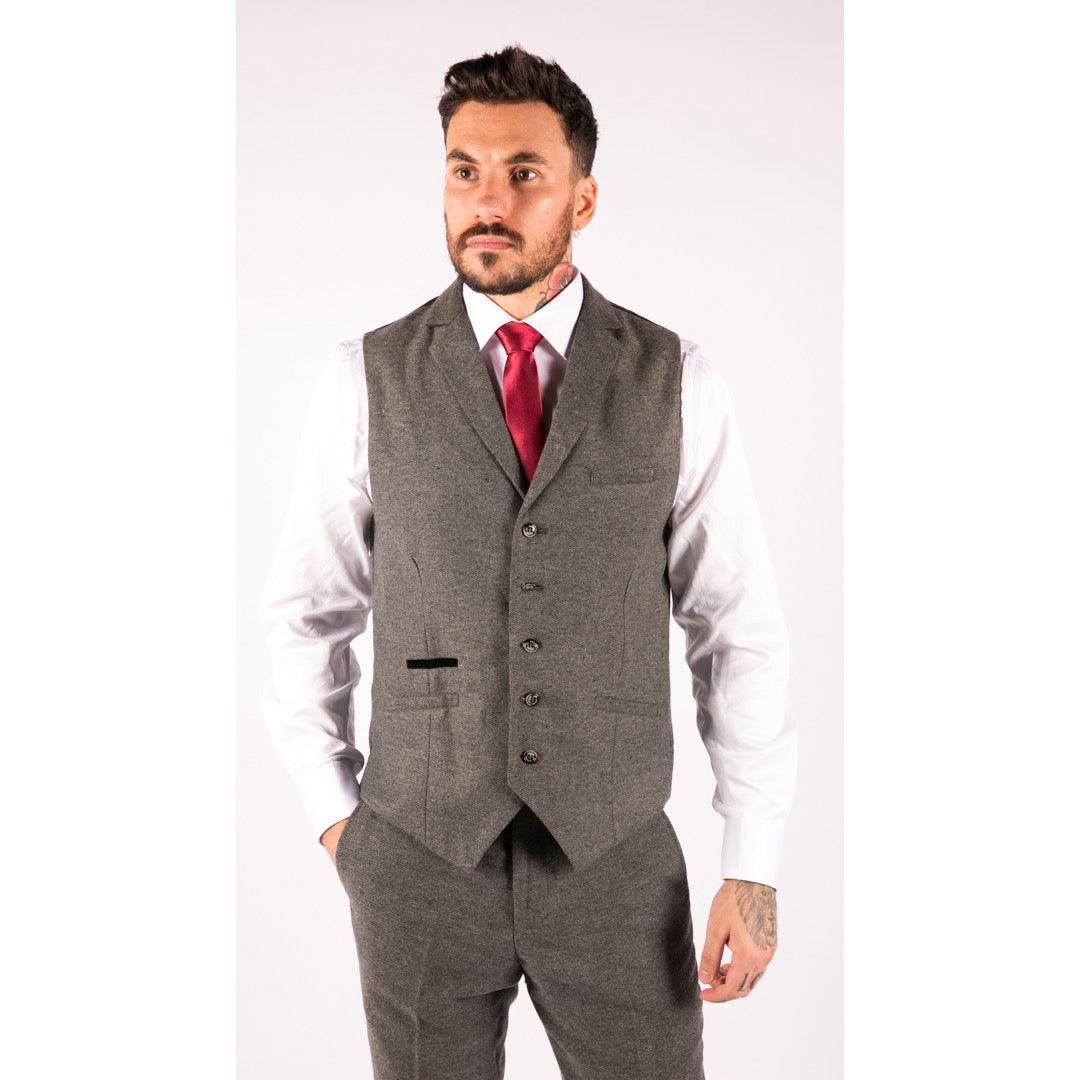 Mens Waistcoat Wool Herringbone Tweed Dark Grey Formal Classic 1920s Tailored - Knighthood Store