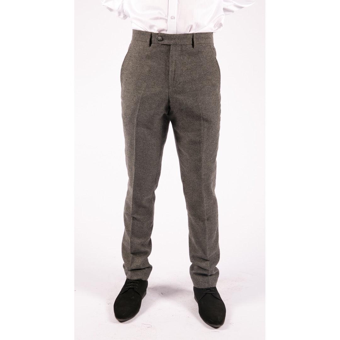 Mens Trousers Wool Herringbone Tweed Dark Grey Formal Classic 1920s Tailored Fit - Knighthood Store