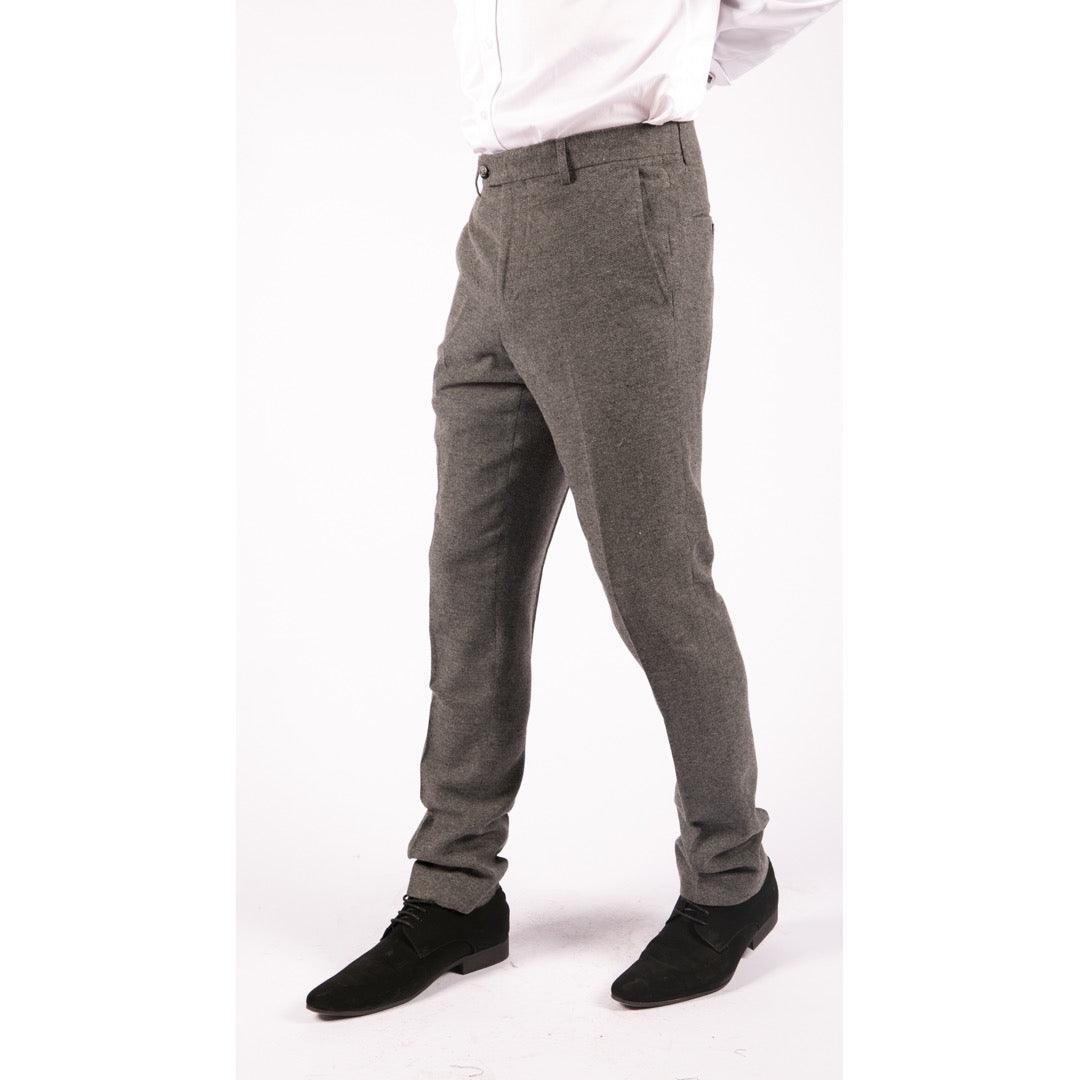 Mens Trousers Wool Herringbone Tweed Dark Grey Formal Classic 1920s Tailored Fit - Knighthood Store