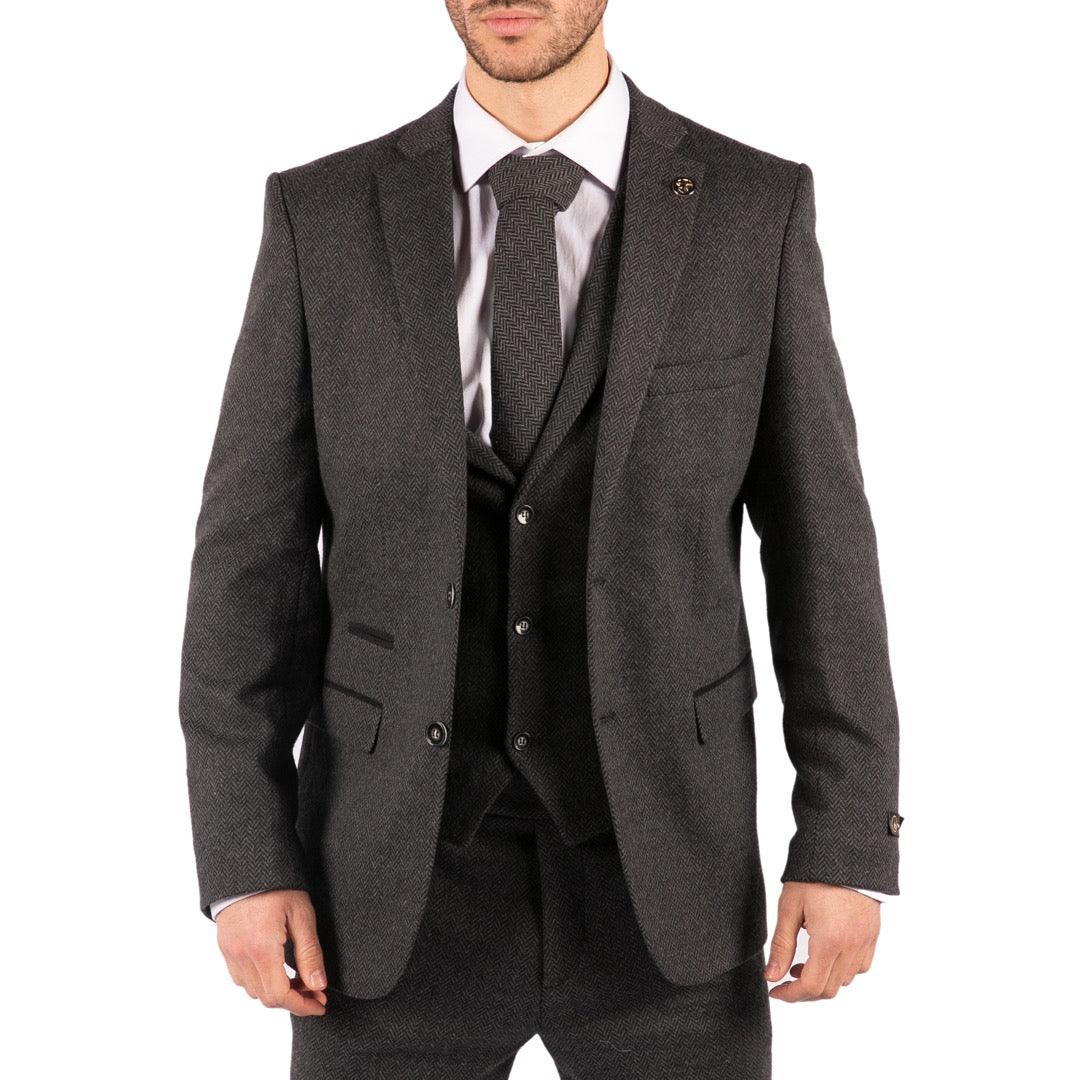 Mens Grey Black 3 Piece Tweed Suit Herringbone Wool Vintage Retro - Knighthood Store