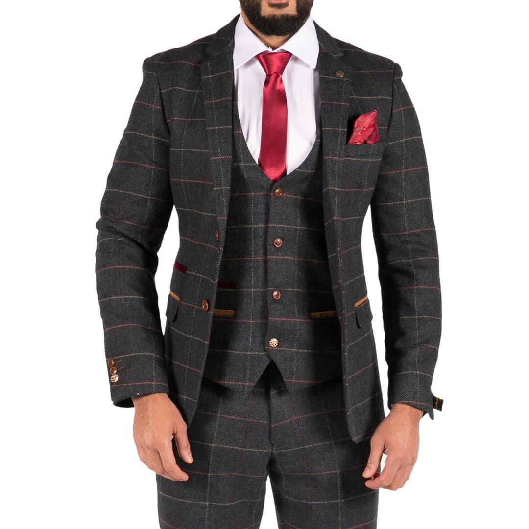 Mens Navy Blue Wine Check Herringbone Tweed Vintage 3 Piece New Marc Darcy Suit - Knighthood Store