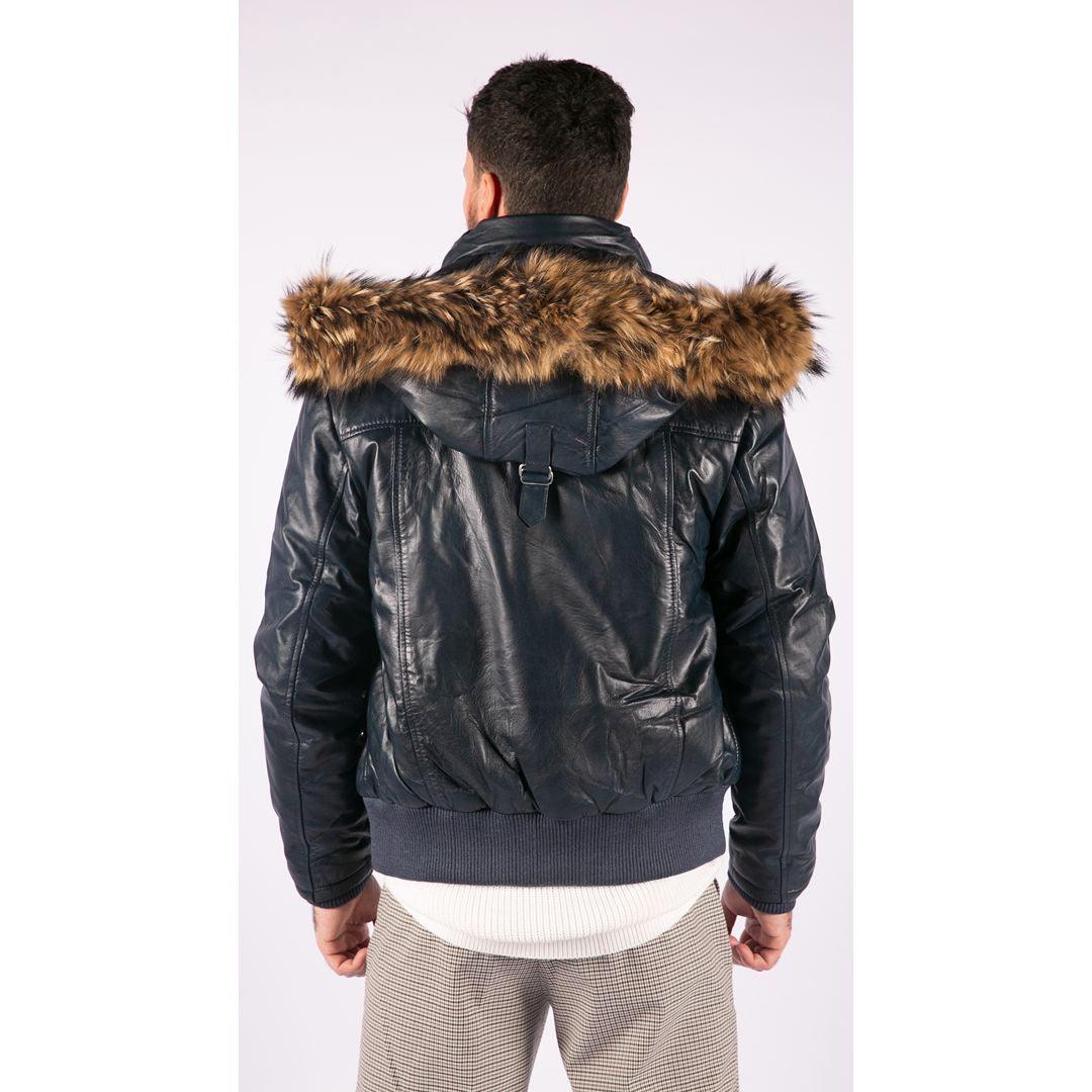 Mens Real Fur Hood Bomber Leather Jacket Black Puffer Padded - Knighthood Store