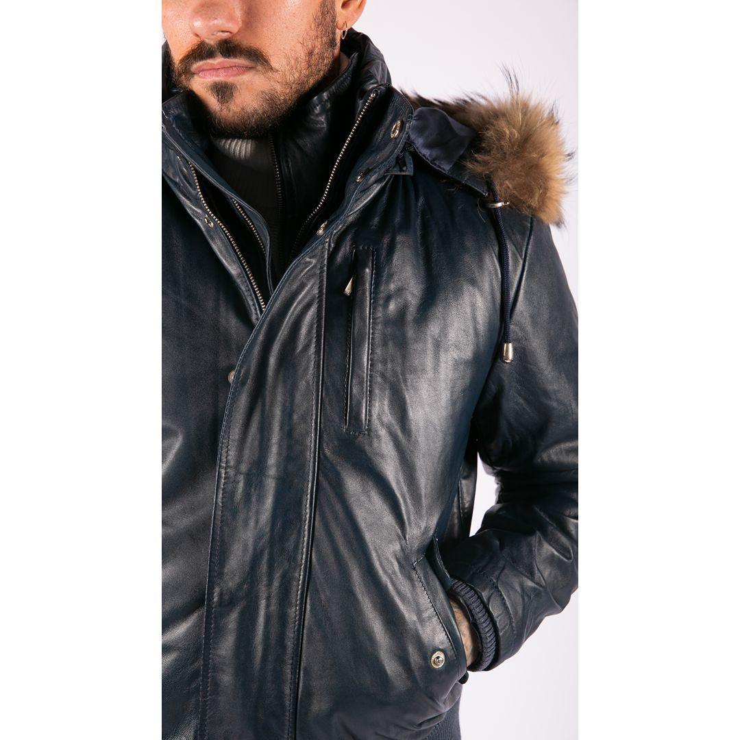 Mens Real Fur Hood Bomber Leather Jacket Black Puffer Padded - Knighthood Store