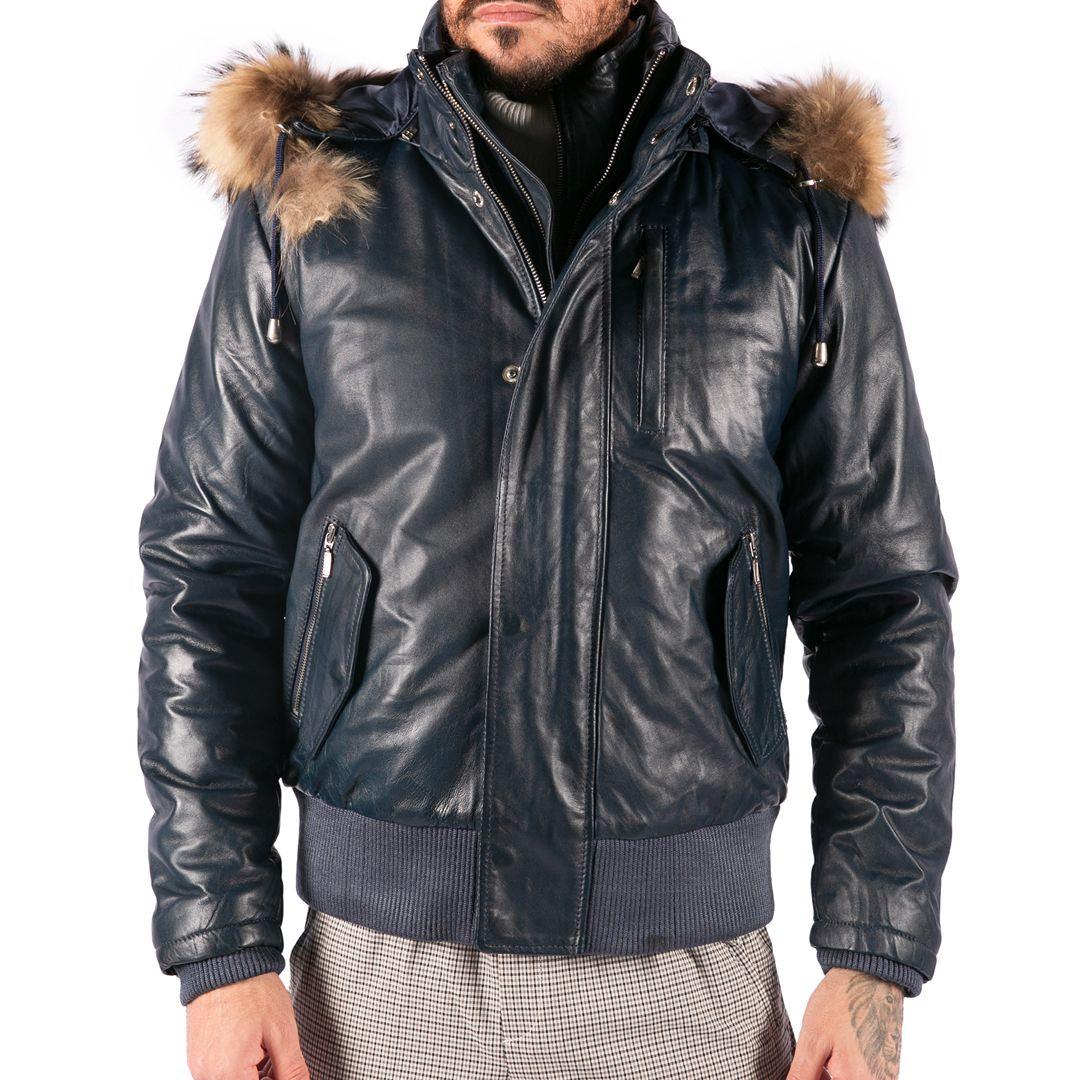 Mens Real Fur Hood Bomber Leather Jacket Black Puffer Padded - Knighthood Store