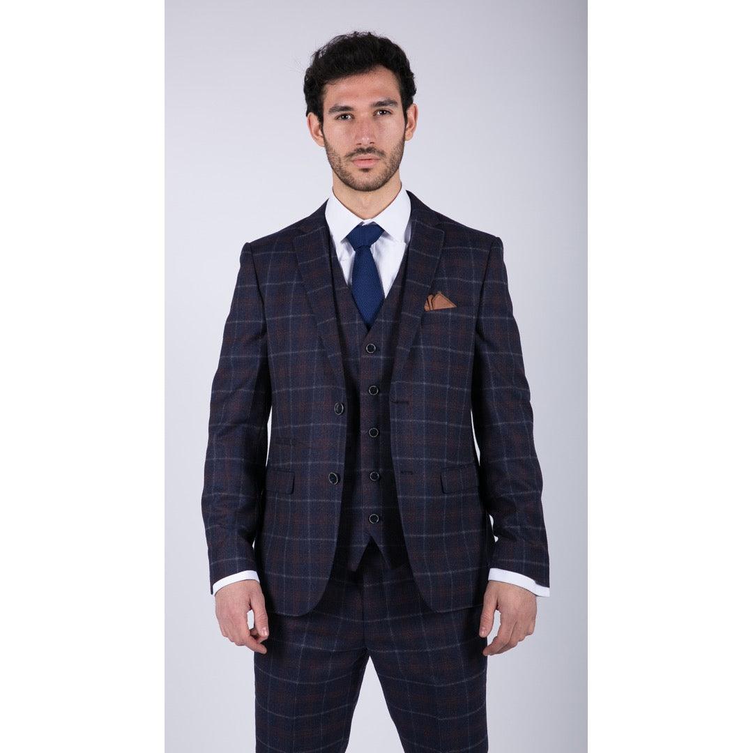 Mens 3 Piece Blue Suit Herringbone Tweed Check Tailored Fit 1920s Wedding Prom - Knighthood Store