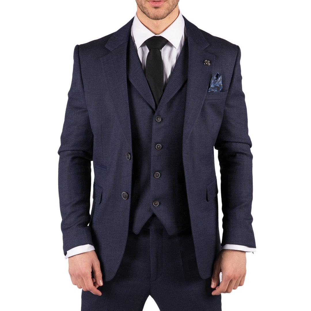 Mens Herringbone Tweed 3 Piece Suit Blue Classic Vintage Tailored Wedding Blinders - Knighthood Store