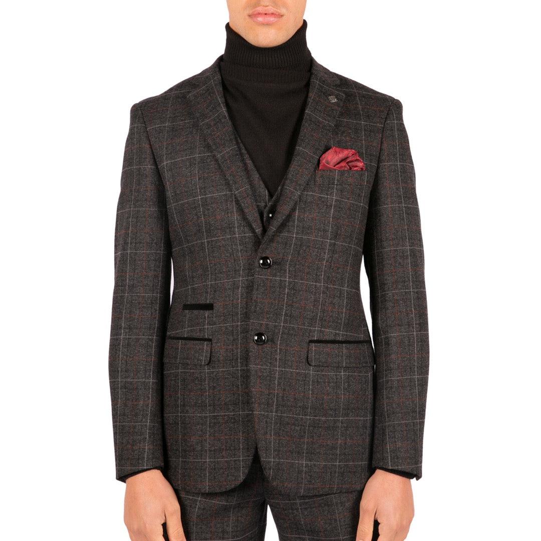 Mens Grey Black 3 Piece Tweed Suit Herringbone Wine Vintage Retro - Knighthood Store