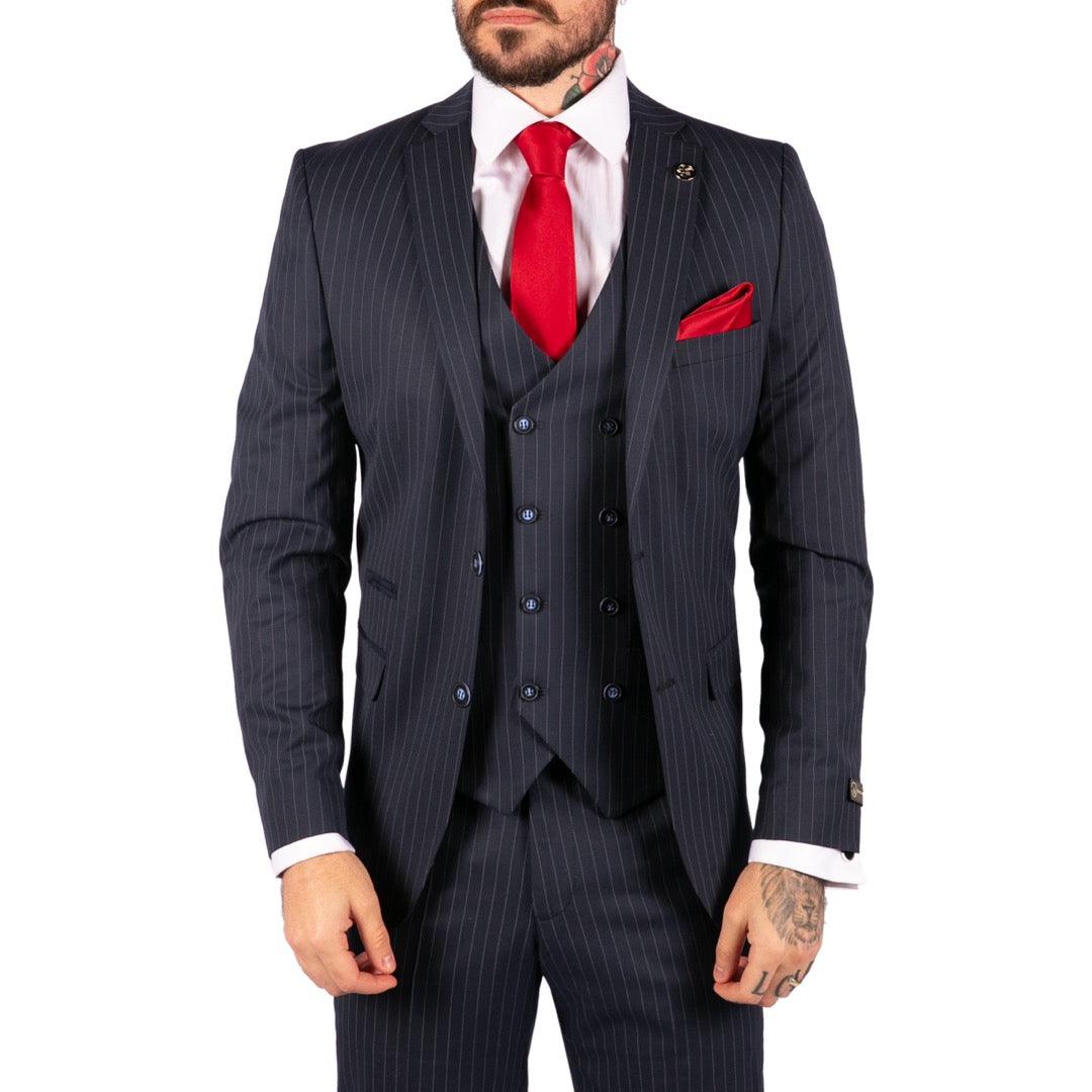 Mens 3 Piece Suit Gatsby 1920s Gangster Pinstripe Tailored Fit - Knighthood Store