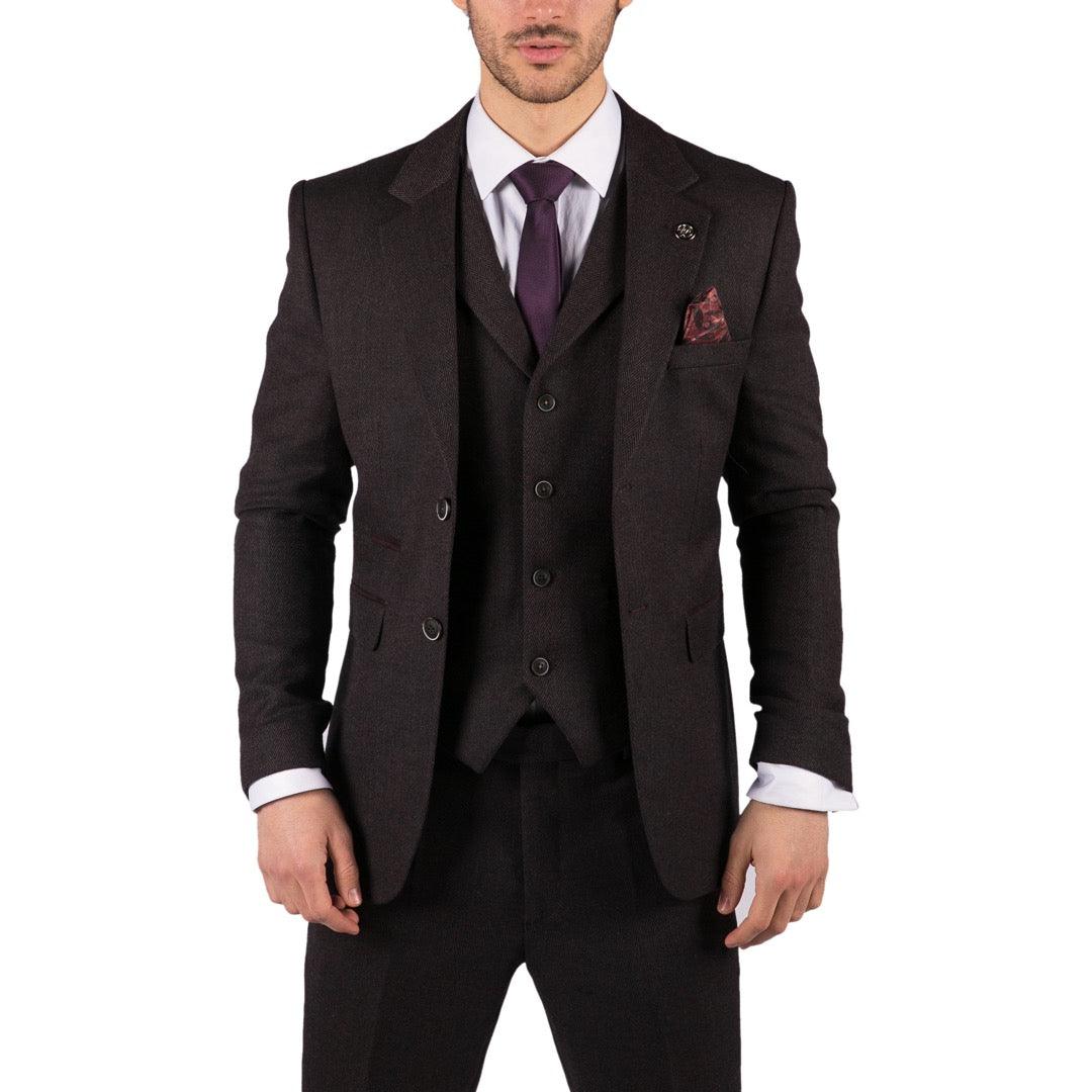 Mens Herringbone Tweed 3 Piece Suit Purple Plum Tailored 1920s Vintage Blinders - Knighthood Store