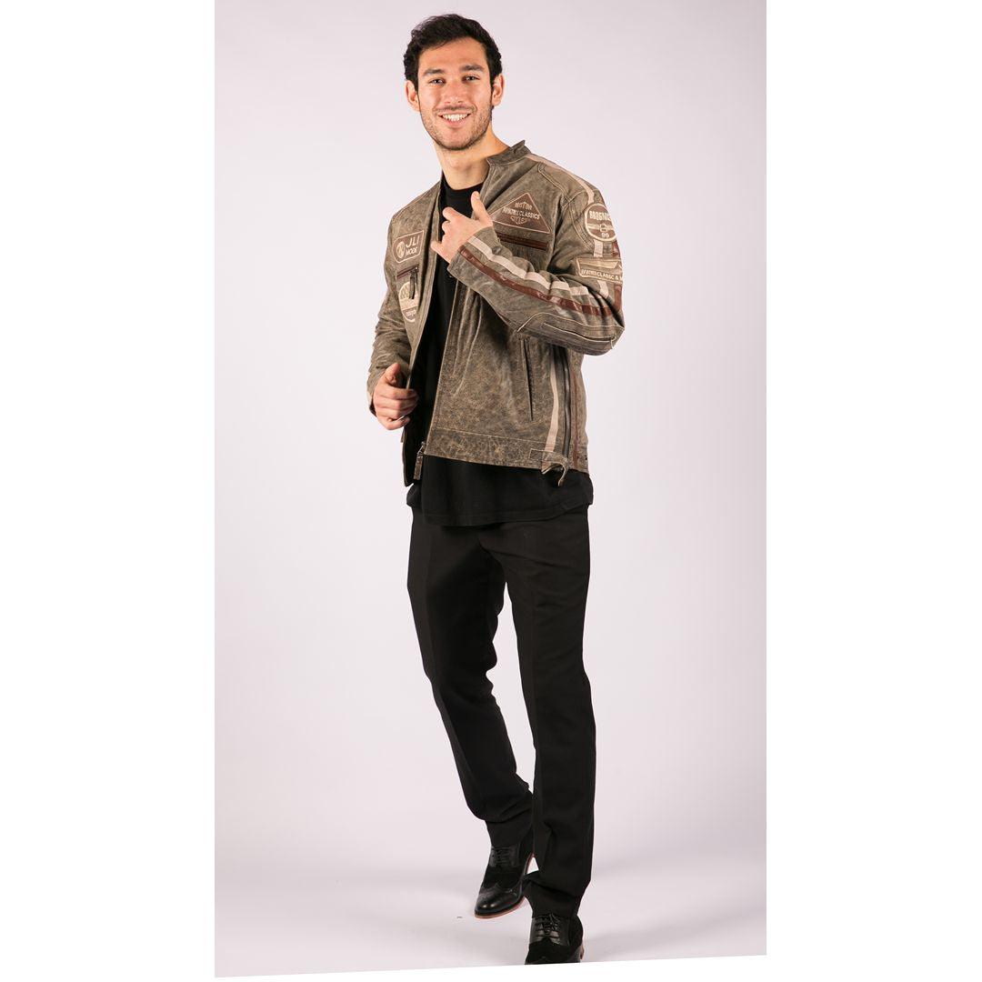 Mens Classic Retro Biker Racer Real Leather Jacket Desert Brown Grey Casual - Knighthood Store