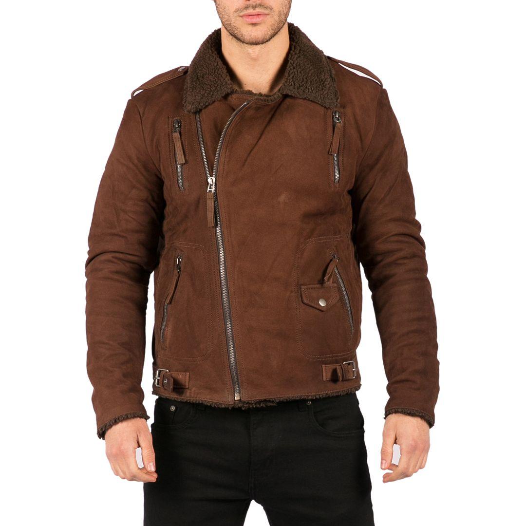 Mens Black Brown Cross Zip Real Leather Biker Jacket Fleece Lined Fitted Smart Casual - Knighthood Store