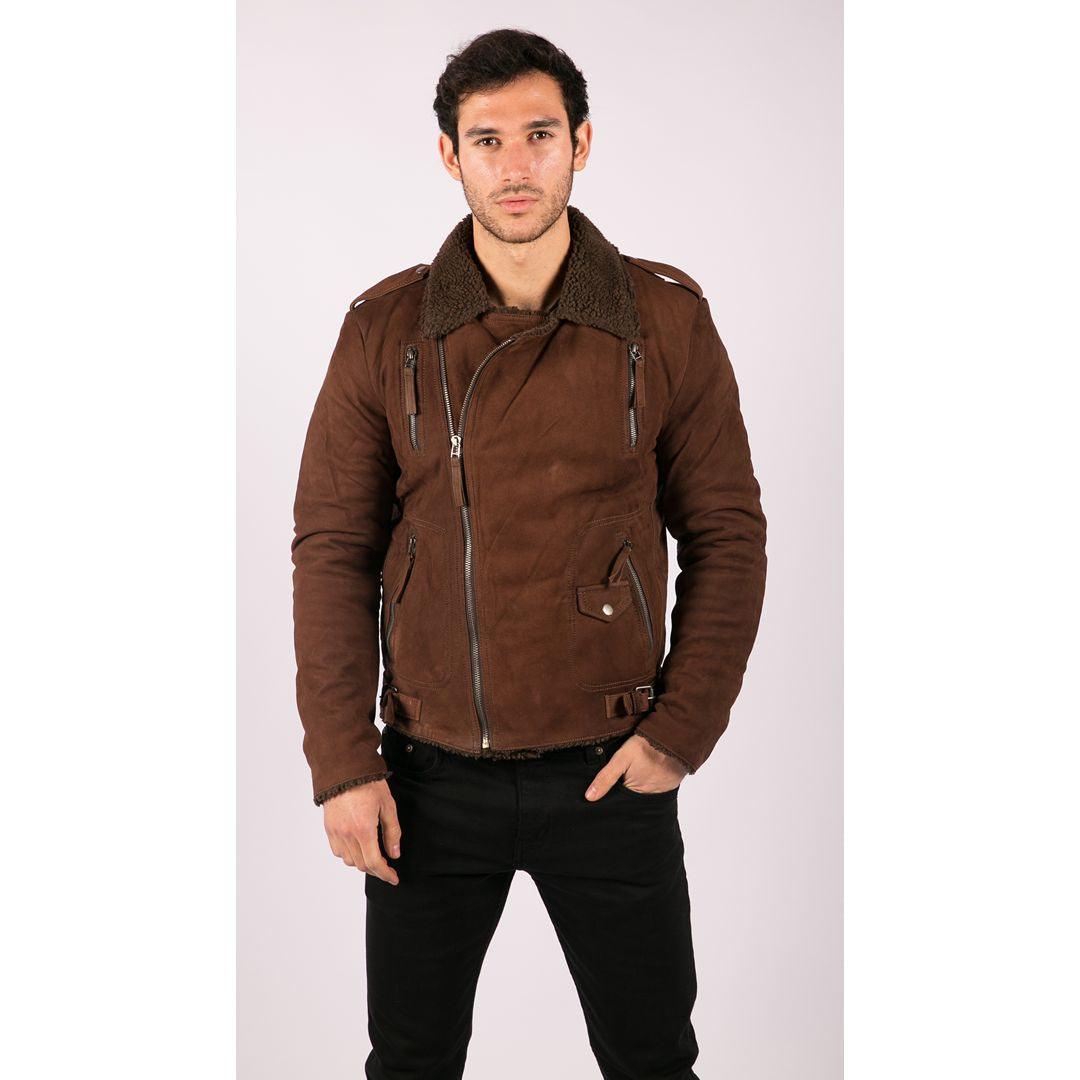 Mens Black Brown Cross Zip Real Leather Biker Jacket Fleece Lined Fitted Smart Casual - Knighthood Store
