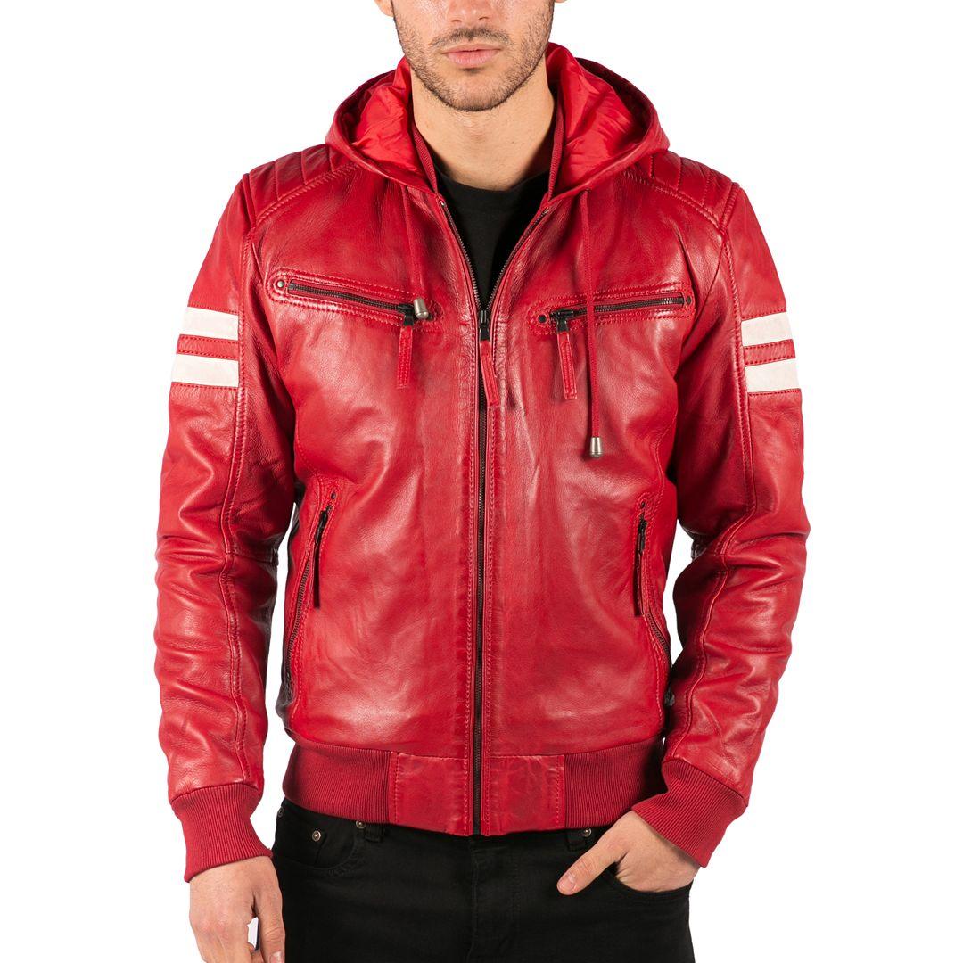 Mens Blue Black Hood Real Leather Bomber Jacket Red Stripes Quilted Slim Fit Casual - Knighthood Store