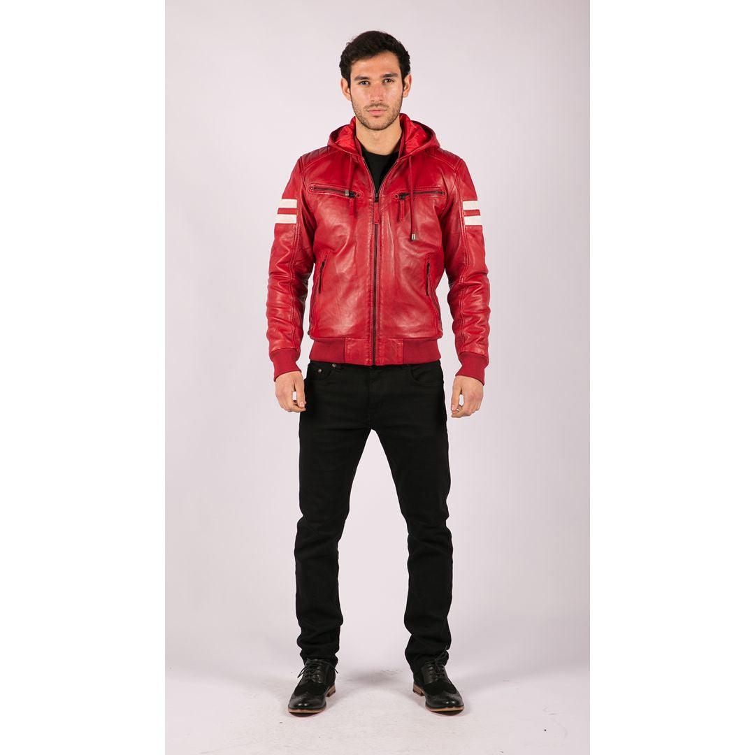 Mens Blue Black Hood Real Leather Bomber Jacket Red Stripes Quilted Slim Fit Casual - Knighthood Store