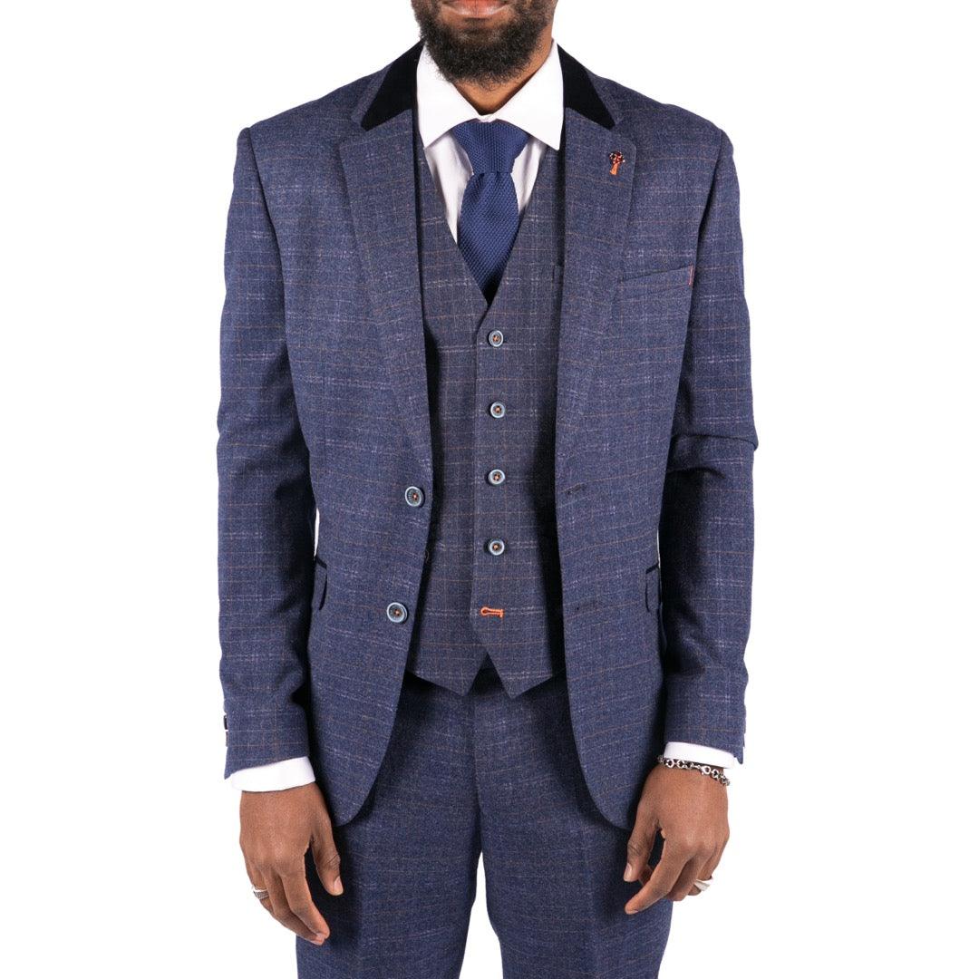 Mens Blue Tweed Check 3 Piece Suit Vintage Retro Classic Tailored Fit 1920's - Knighthood Store