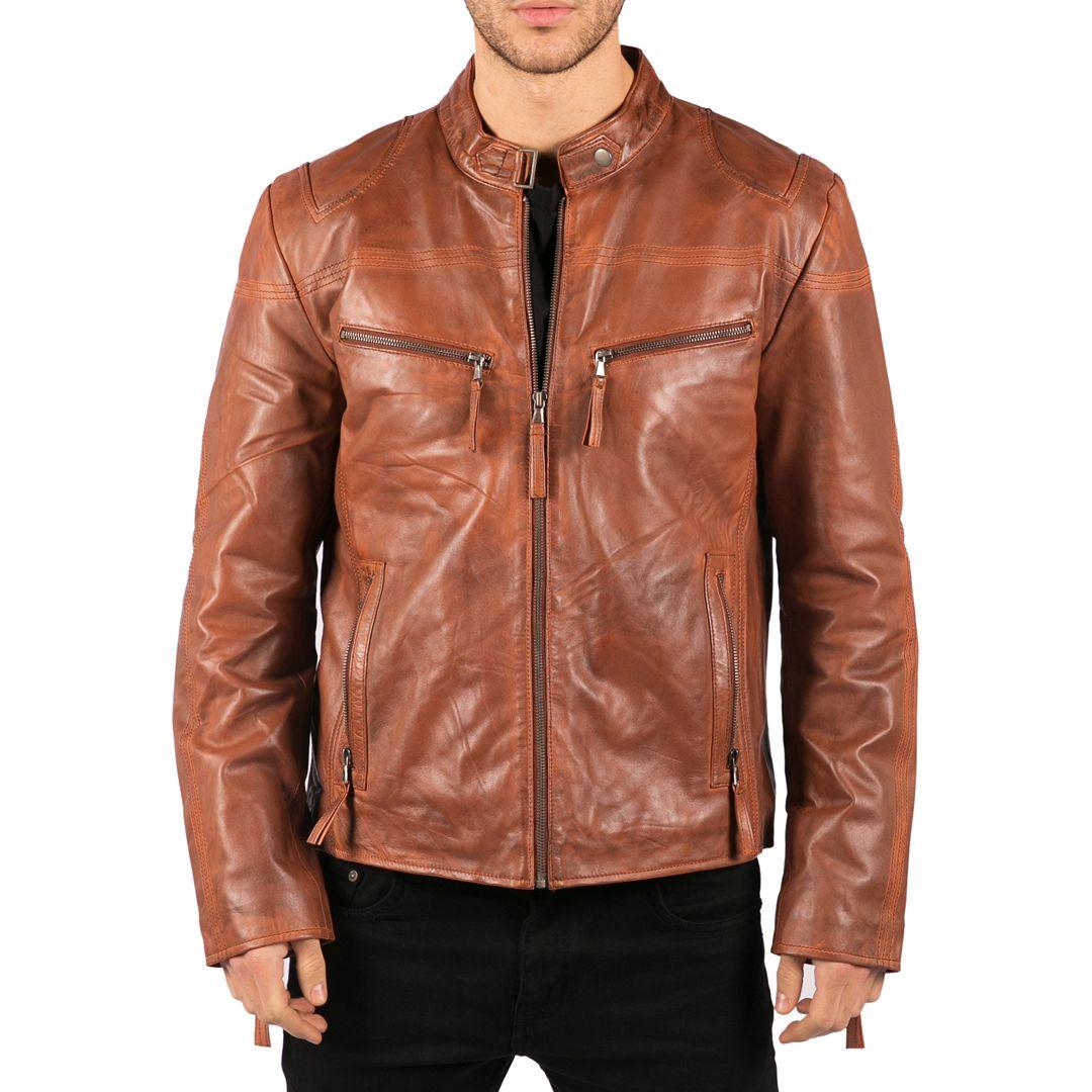 Mens Real Leather Jacket Biker Style Vintage Black Zipped Pockets Casual Fitted - Knighthood Store