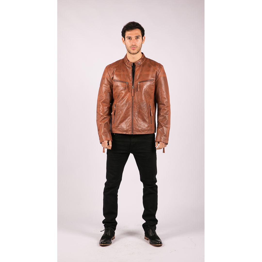 Mens Real Leather Jacket Biker Style Vintage Black Zipped Pockets Casual Fitted - Knighthood Store