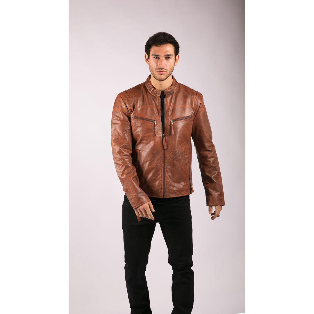Mens Real Leather Jacket Biker Style Vintage Black Zipped Pockets Casual Fitted - Knighthood Store