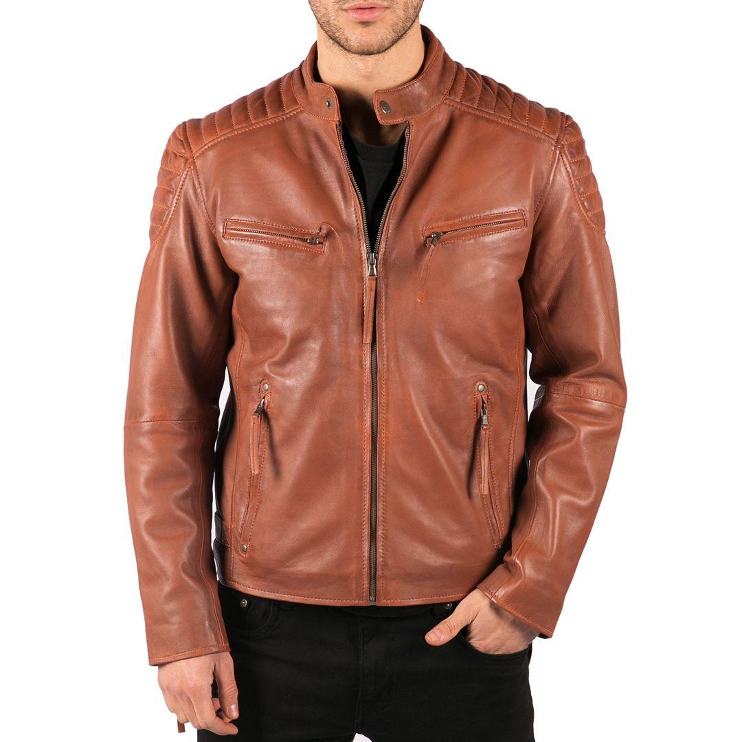 Mens Blue Grey Real Leather Designer Zipped Biker Jacket Washed Casual Vintage - Knighthood Store