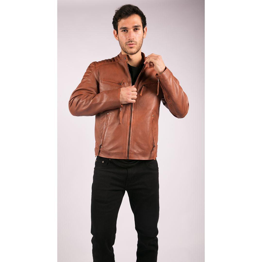 Mens Blue Grey Real Leather Designer Zipped Biker Jacket Washed Casual Vintage - Knighthood Store