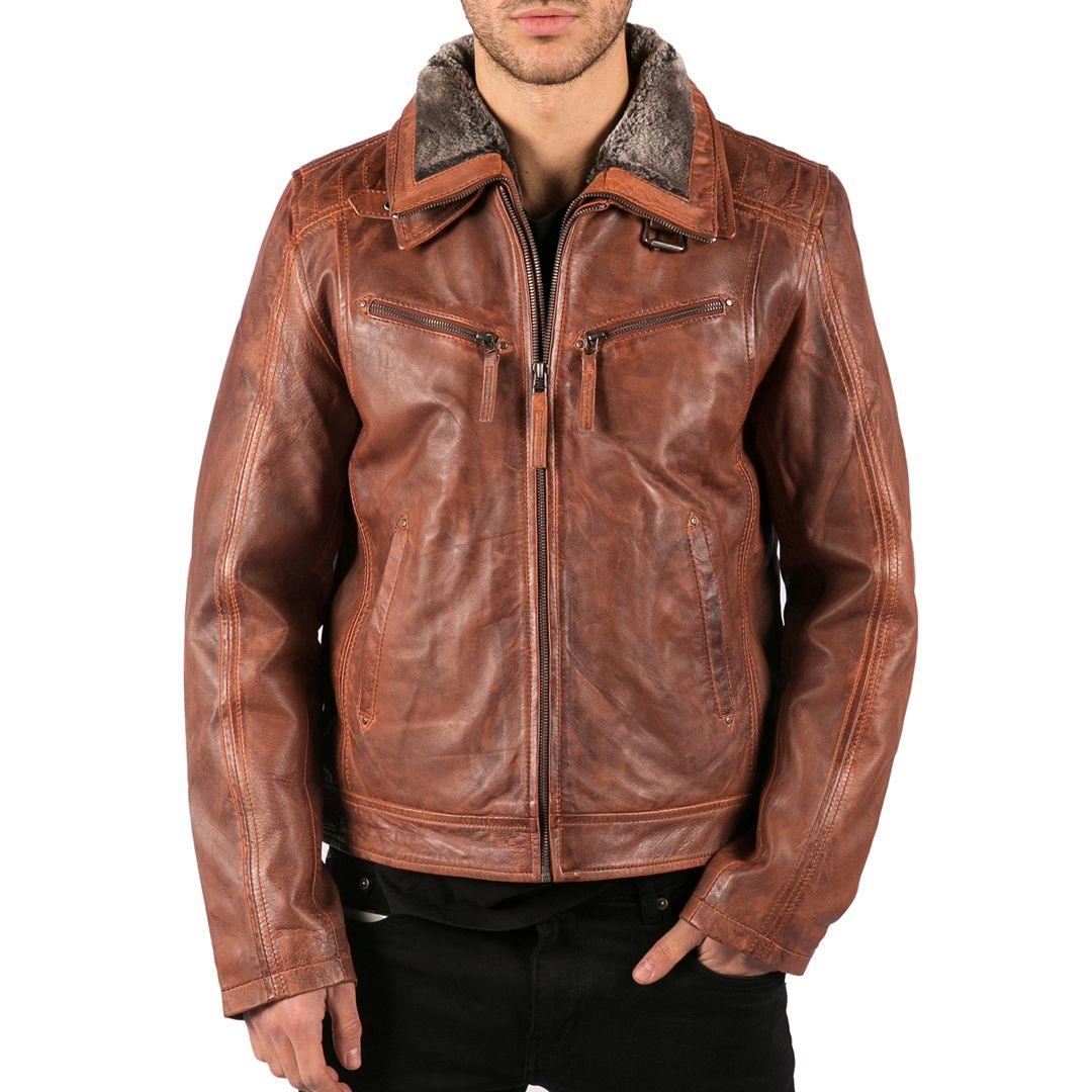 Mens Washed Rust Tan Brown Removable Fur Collar Leather Jacket Slim Fit Zipped - Knighthood Store