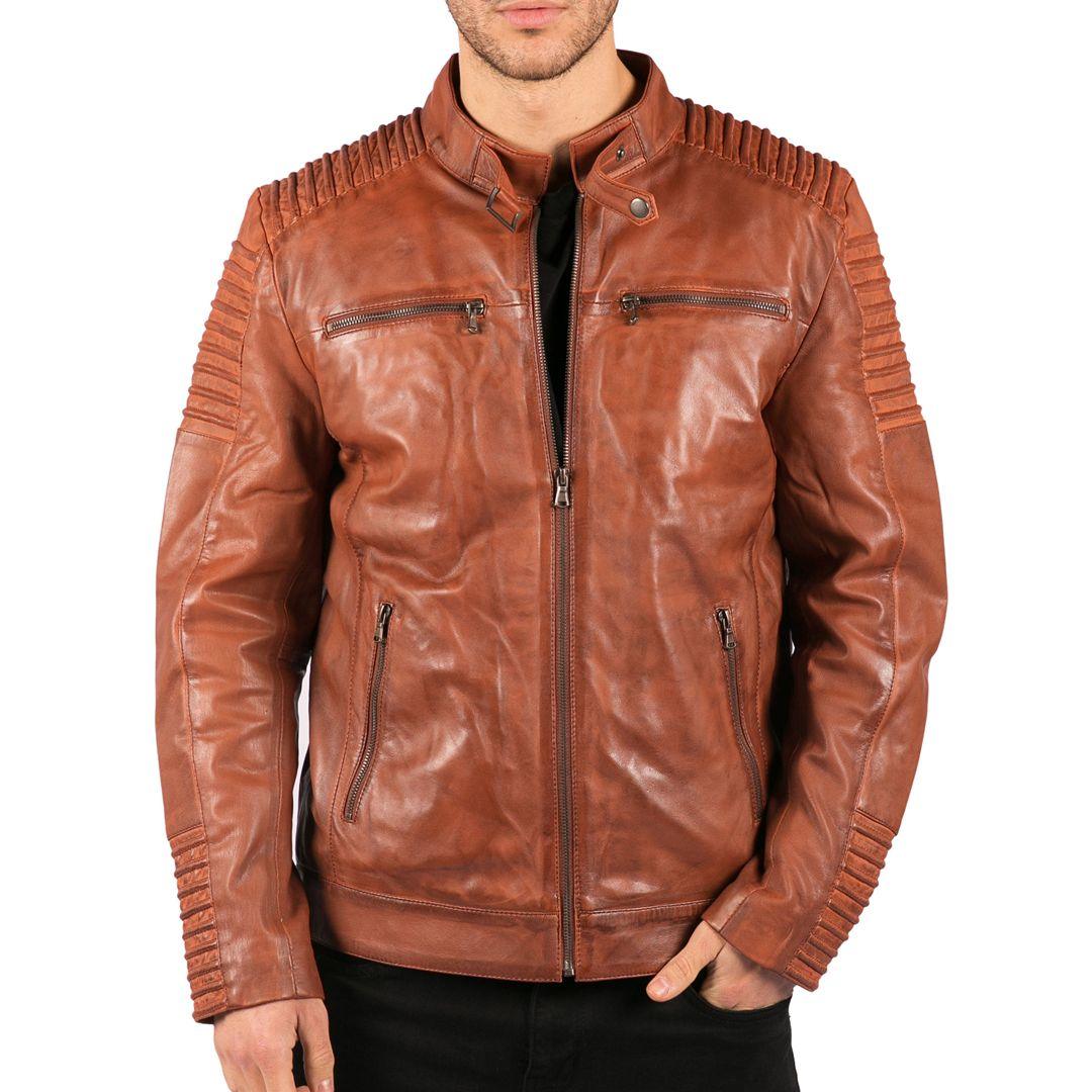 Mens Slim Fit Tan Brown Washed Vintage Real Leather Jacket Zipped Casual - Knighthood Store