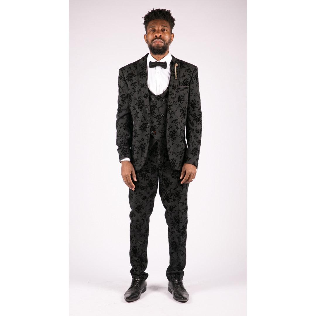 Mens Black 3 Piece Suit Paisley Velvet Wedding Grrom Best Man Tailored Fit - Knighthood Store
