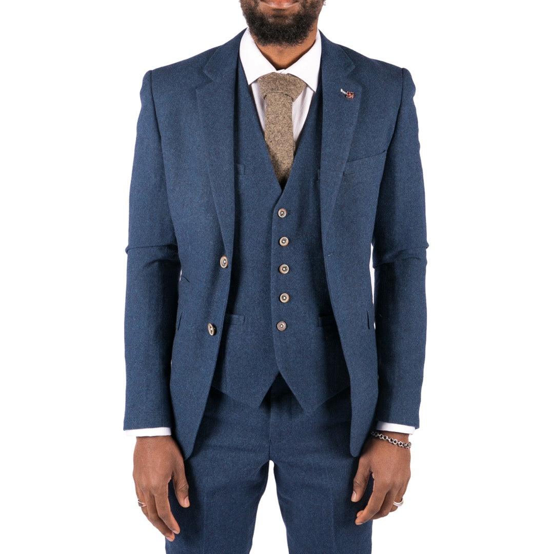 orson - Men's Boys 3 Piece Wool Suit Blue Tweed 1920s Classic 4 Pocket Waistcoat - Knighthood Store