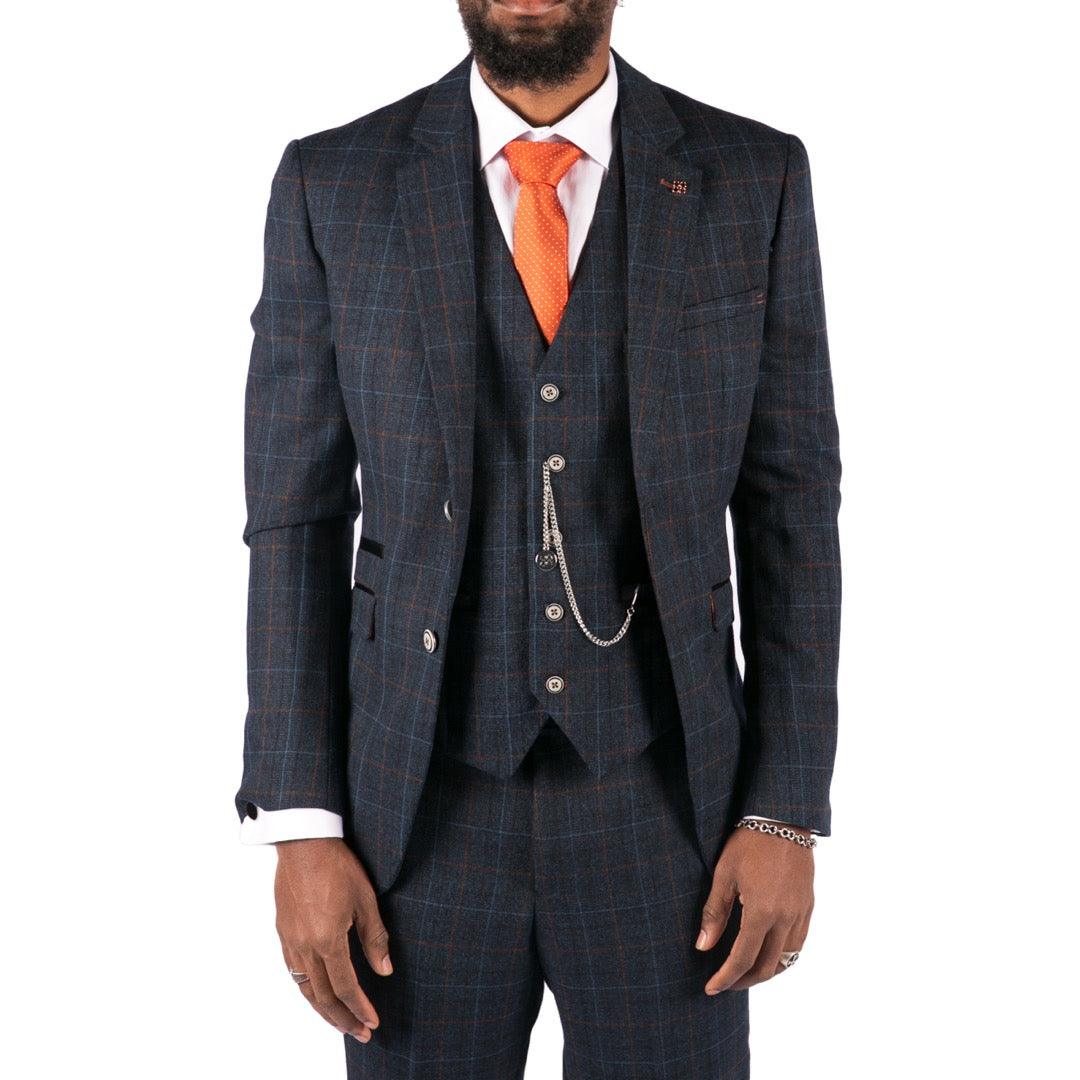 Mens Grey 3 Piece Suit Tan Navy Check Wedding Prom Formal Vintage Tailored Fit - Knighthood Store