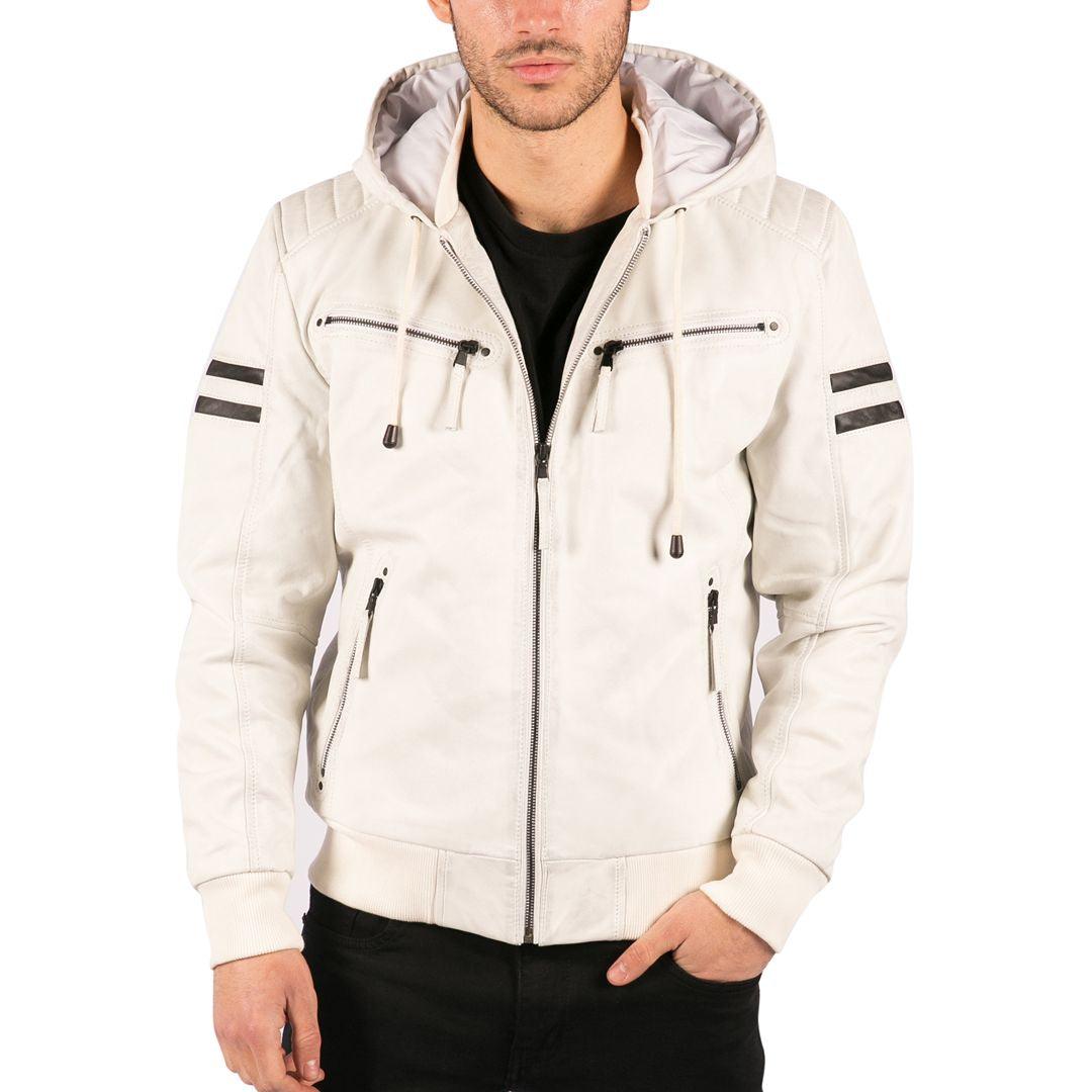 Mens Blue Black Hood Real Leather Bomber Jacket Red Stripes Quilted Slim Fit Casual - Knighthood Store