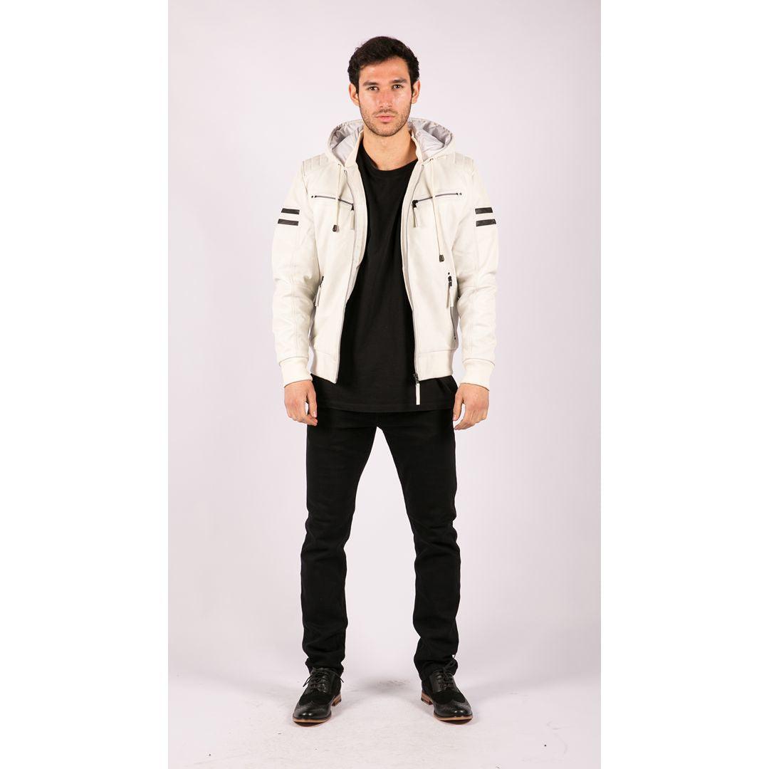 Mens Blue Black Hood Real Leather Bomber Jacket Red Stripes Quilted Slim Fit Casual - Knighthood Store