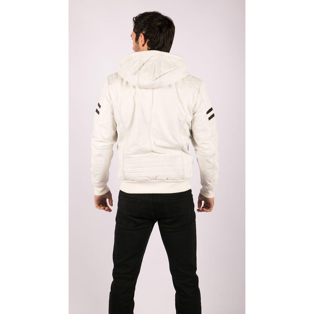 Mens Blue Black Hood Real Leather Bomber Jacket Red Stripes Quilted Slim Fit Casual - Knighthood Store