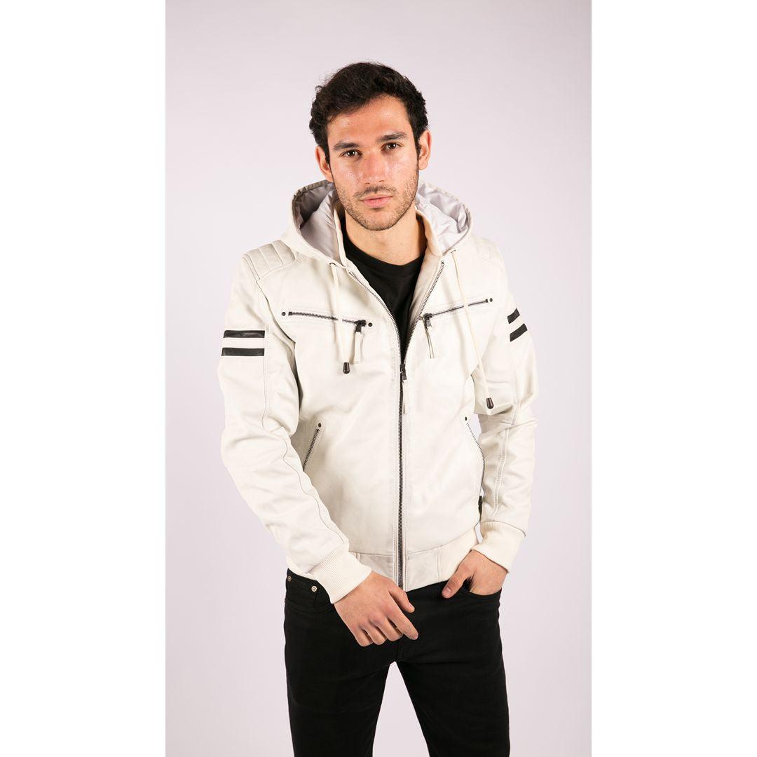 Mens Blue Black Hood Real Leather Bomber Jacket Red Stripes Quilted Slim Fit Casual - Knighthood Store