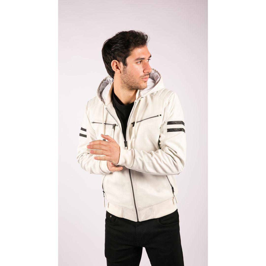 Mens Blue Black Hood Real Leather Bomber Jacket Red Stripes Quilted Slim Fit Casual - Knighthood Store