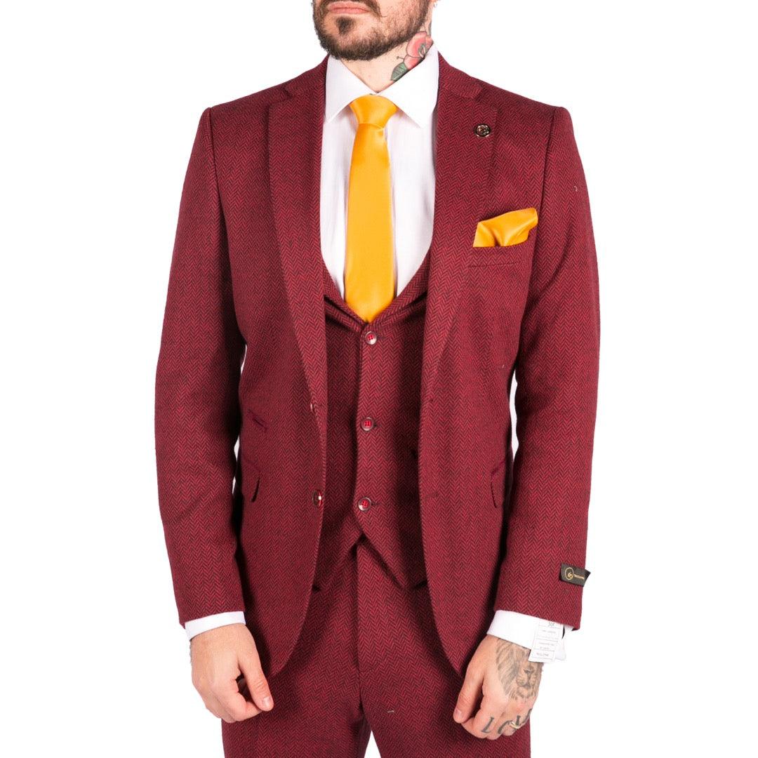 Mens Wool 3 Piece Suit Tweed Burgundy Black Tailored Fit Classic - Knighthood Store