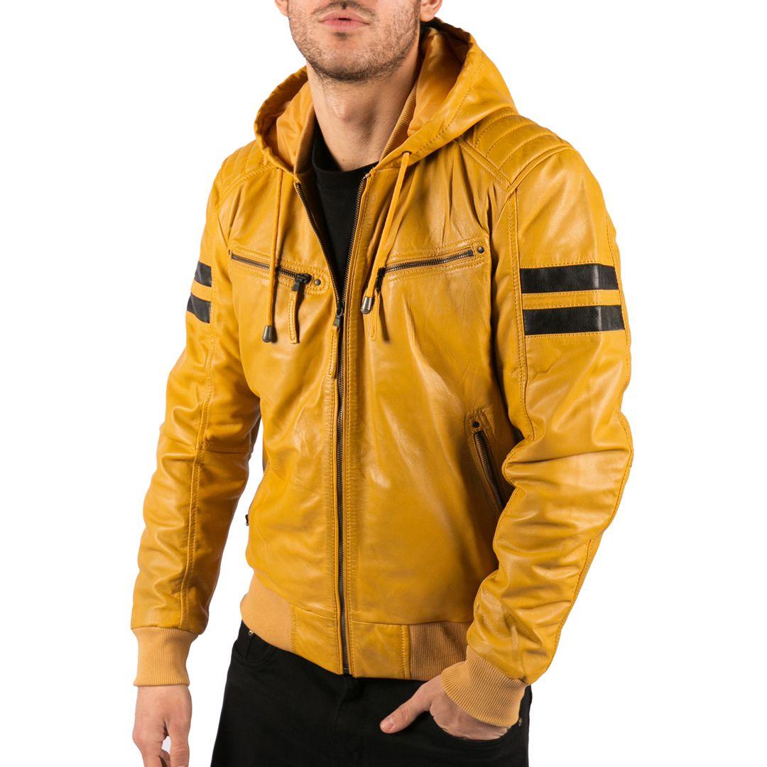 Mens Blue Black Hood Real Leather Bomber Jacket Red Stripes Quilted Slim Fit Casual - Knighthood Store