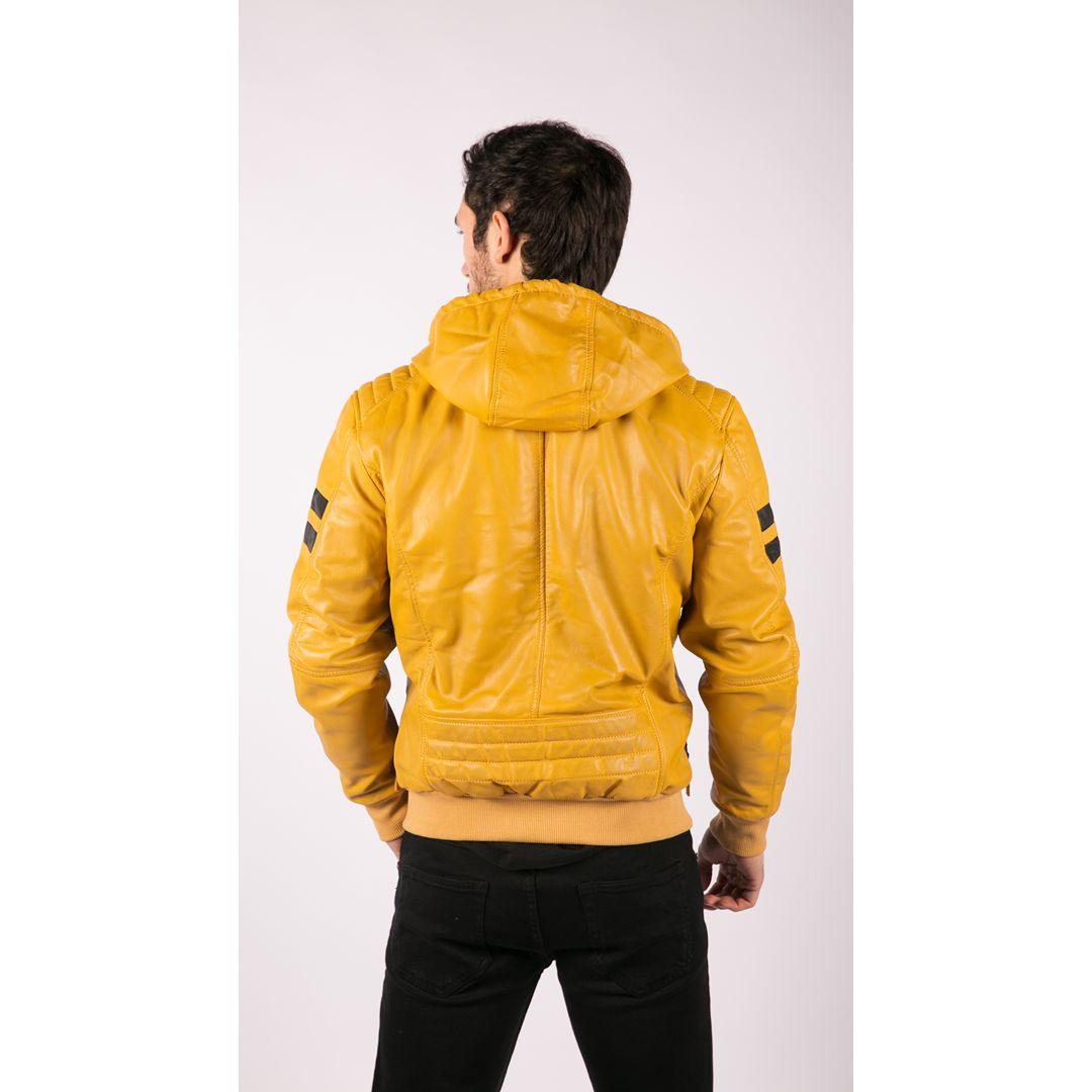 Mens Blue Black Hood Real Leather Bomber Jacket Red Stripes Quilted Slim Fit Casual - Knighthood Store