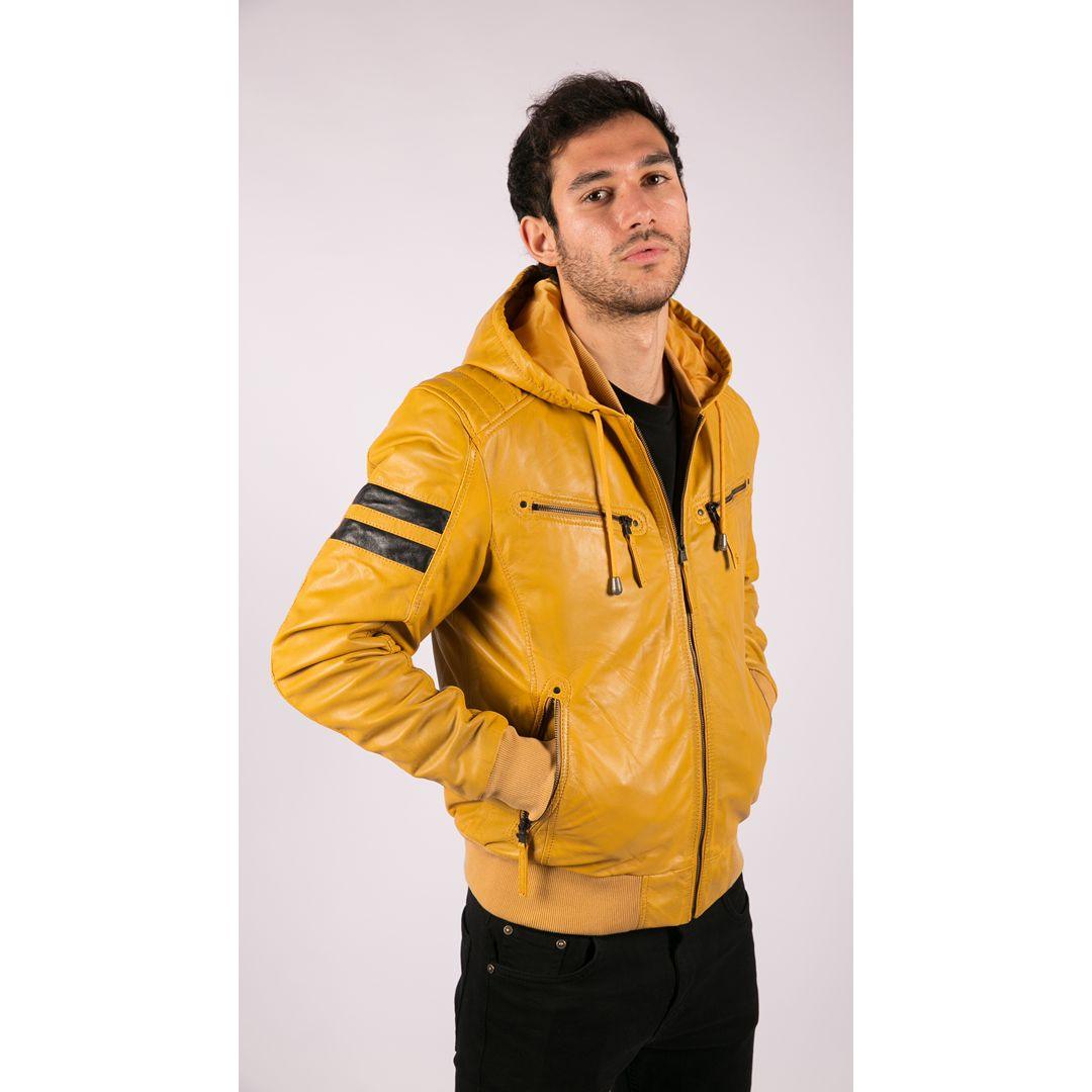 Mens Blue Black Hood Real Leather Bomber Jacket Red Stripes Quilted Slim Fit Casual - Knighthood Store