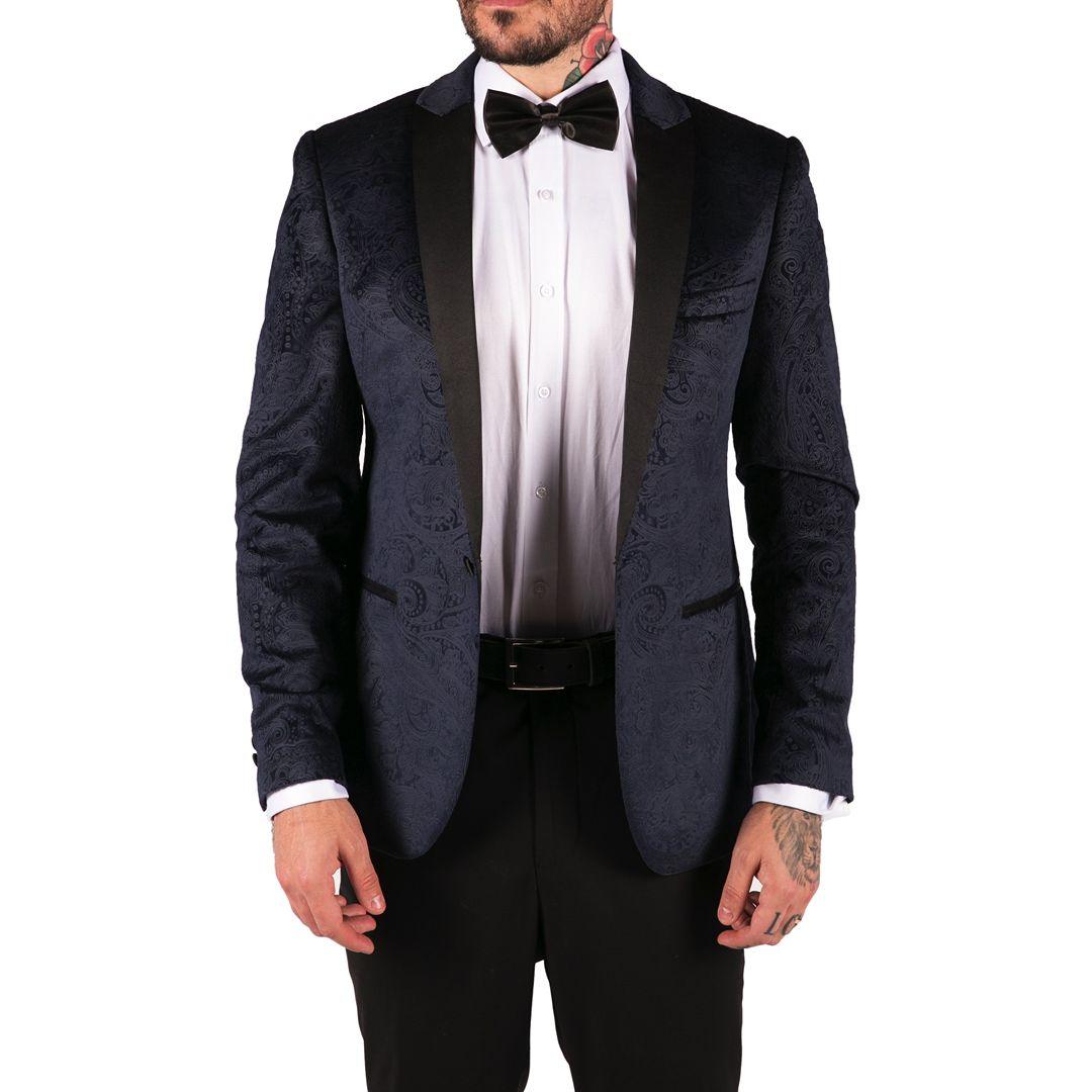 Mens Marc Darcy Velvet Paisley Blue Black Blazer Tuxedo Dinner Jacket Smart Casual - Knighthood Store